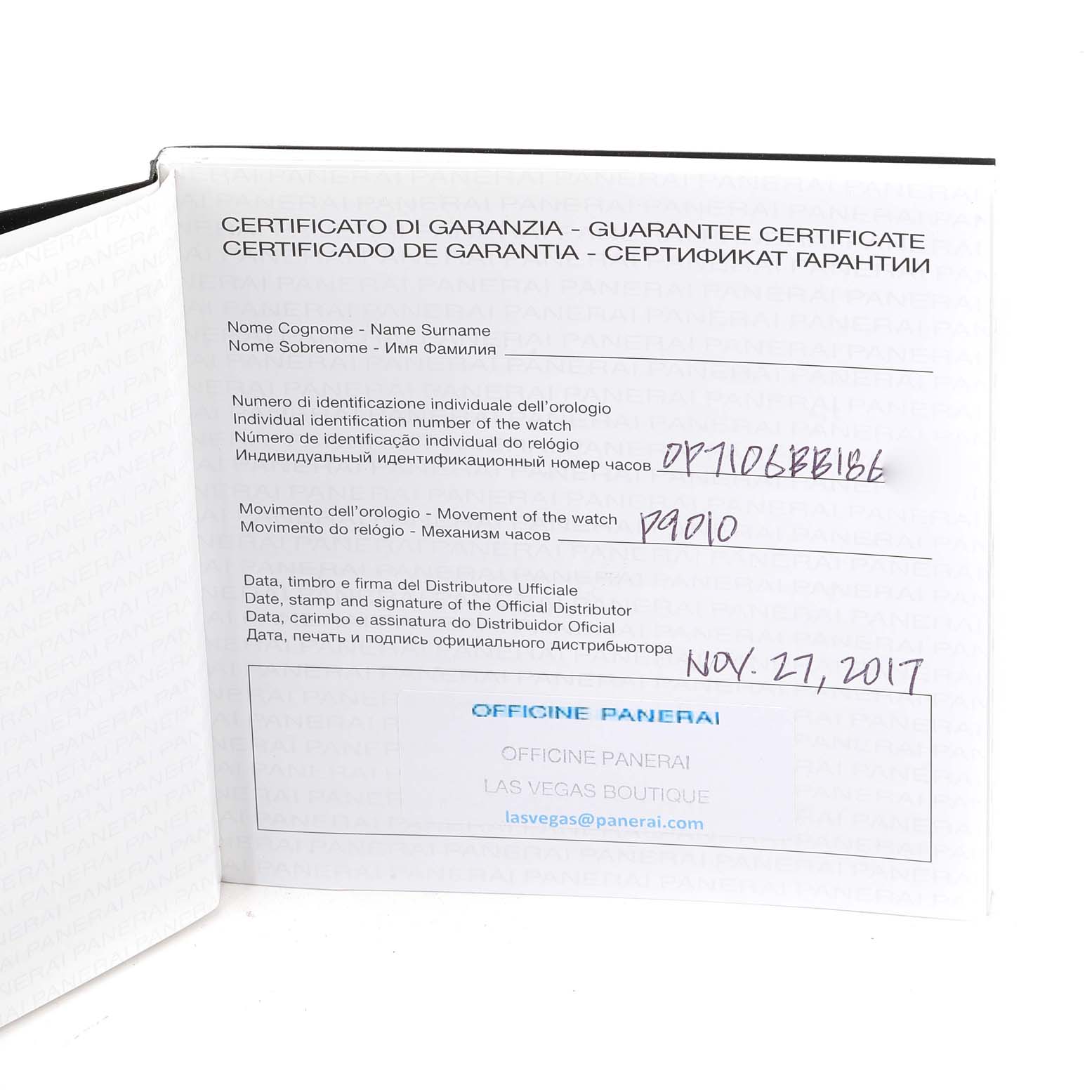 The image shows the guarantee certificate for a Panerai Submersible PAM00671 Men's Bronze Blue Dial PAM00671 Men's Bronze Blue Dial watch, detailing the identification number, movement, and purchase date.