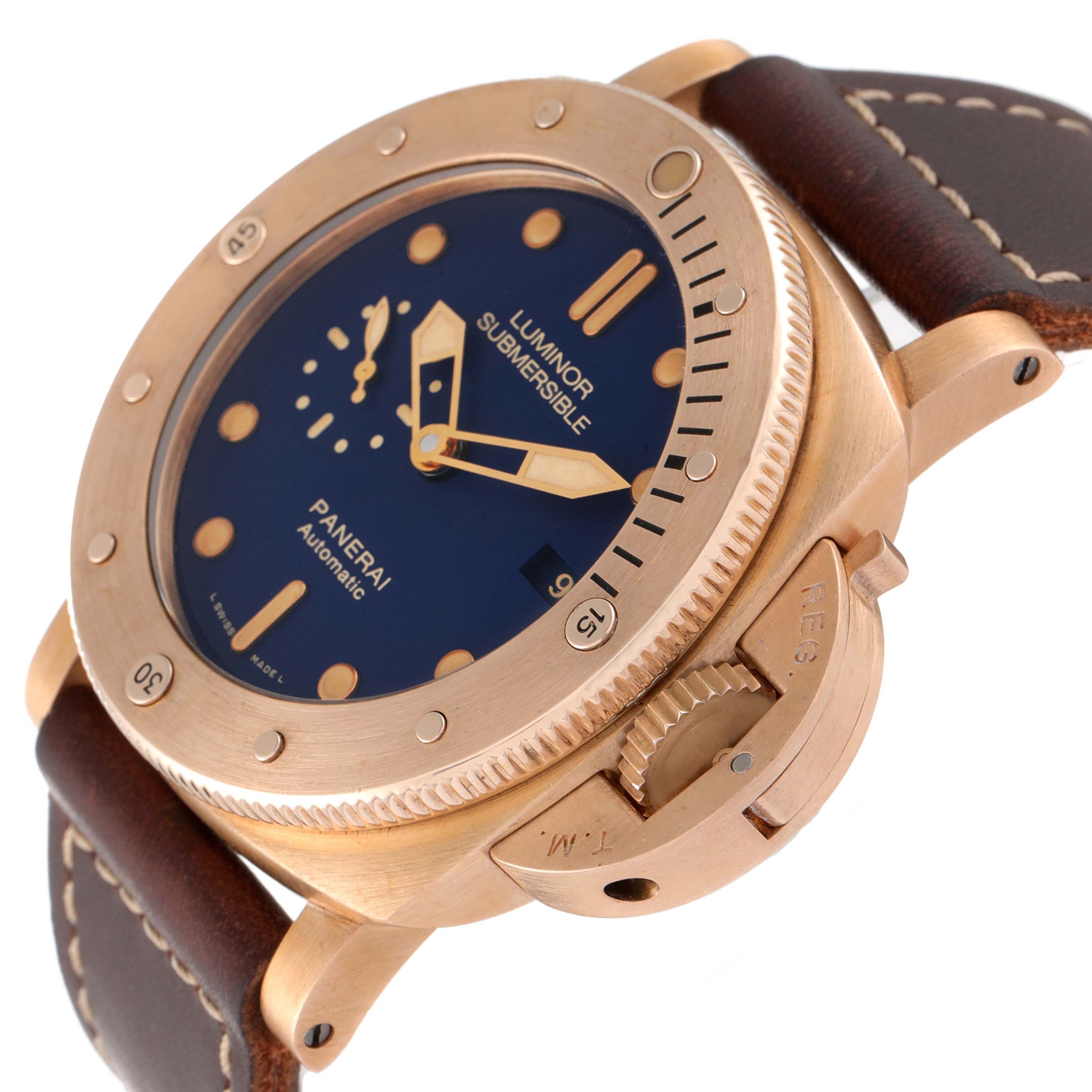 The Panerai Submersible PAM00671 Men's Bronze Blue Dial PAM00671 Men's Bronze Blue Dial watch is shown at a slight angle, highlighting its bezel, dial, and crown protection device.