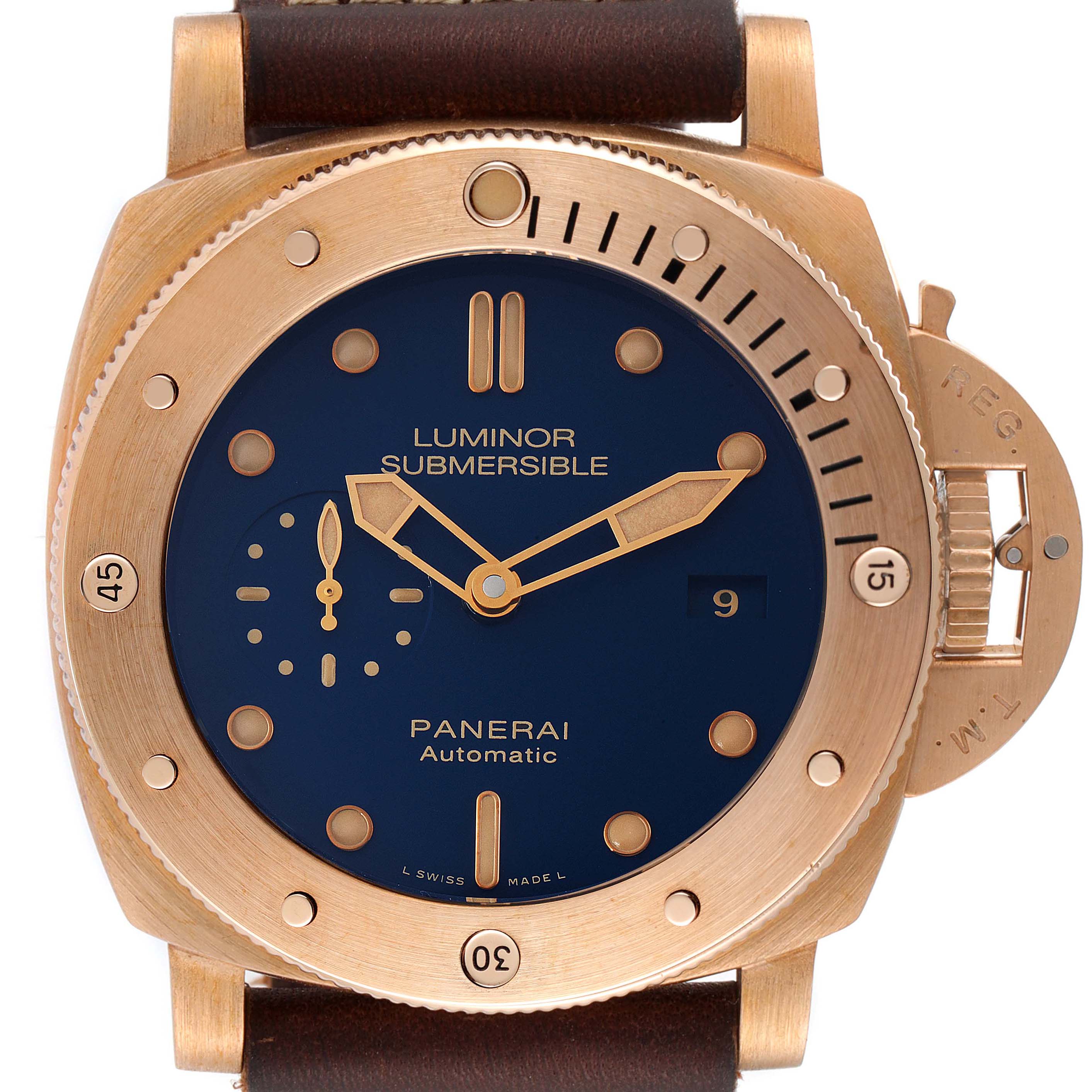 This Panerai Submersible PAM00671 Men's Bronze Blue Dial PAM00671 Men's Bronze Blue Dial watch is shown from the front, displaying the dial, bezel, and part of the strap.