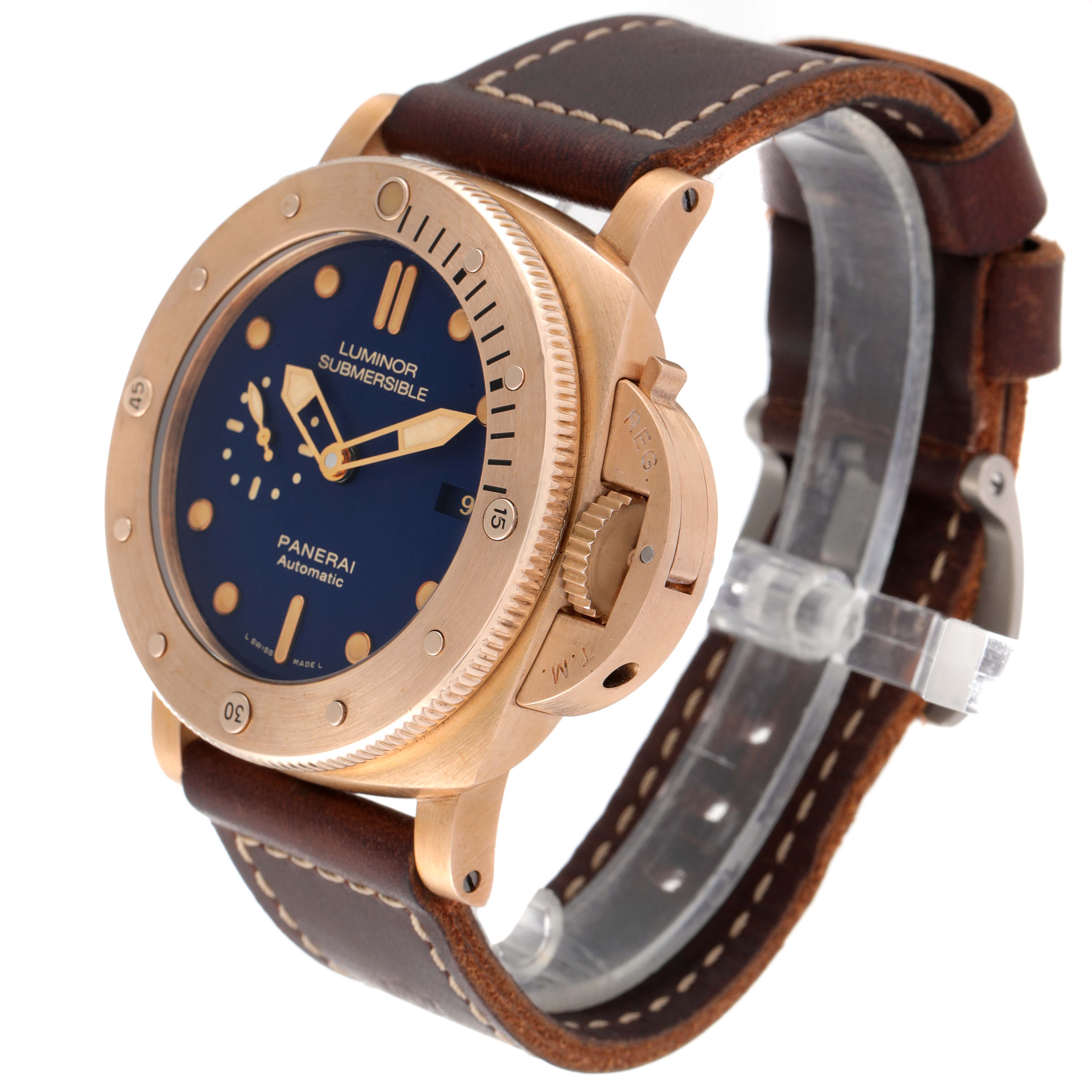 The image shows a side angle of the Panerai Submersible PAM00671 Men's Bronze Blue Dial PAM00671 Men's Bronze Blue Dial watch, highlighting the dial, crown guard, and leather strap.
