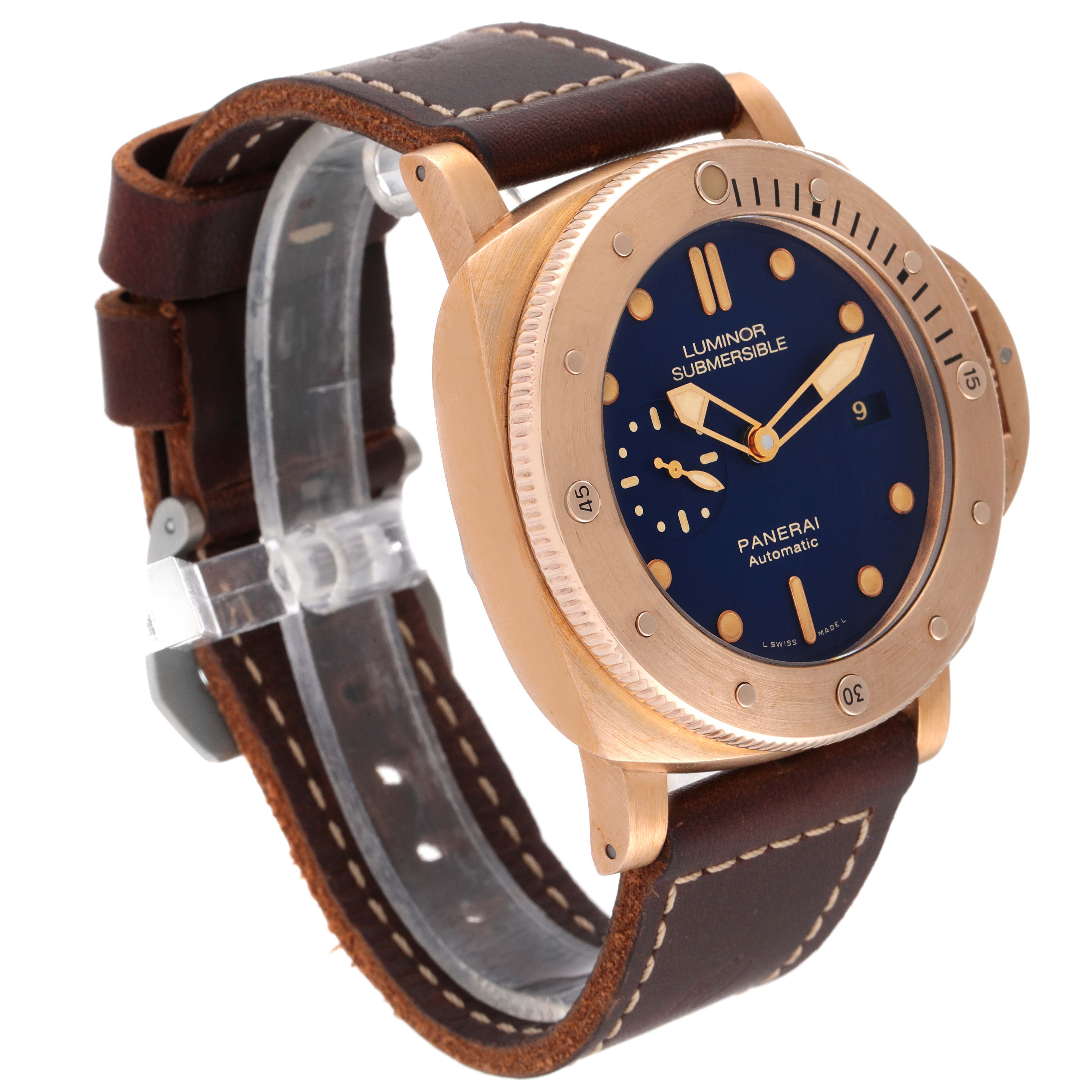 This image shows a Panerai Luminor Submersible watch at an angled view, featuring the face, bezel, and brown leather strap.