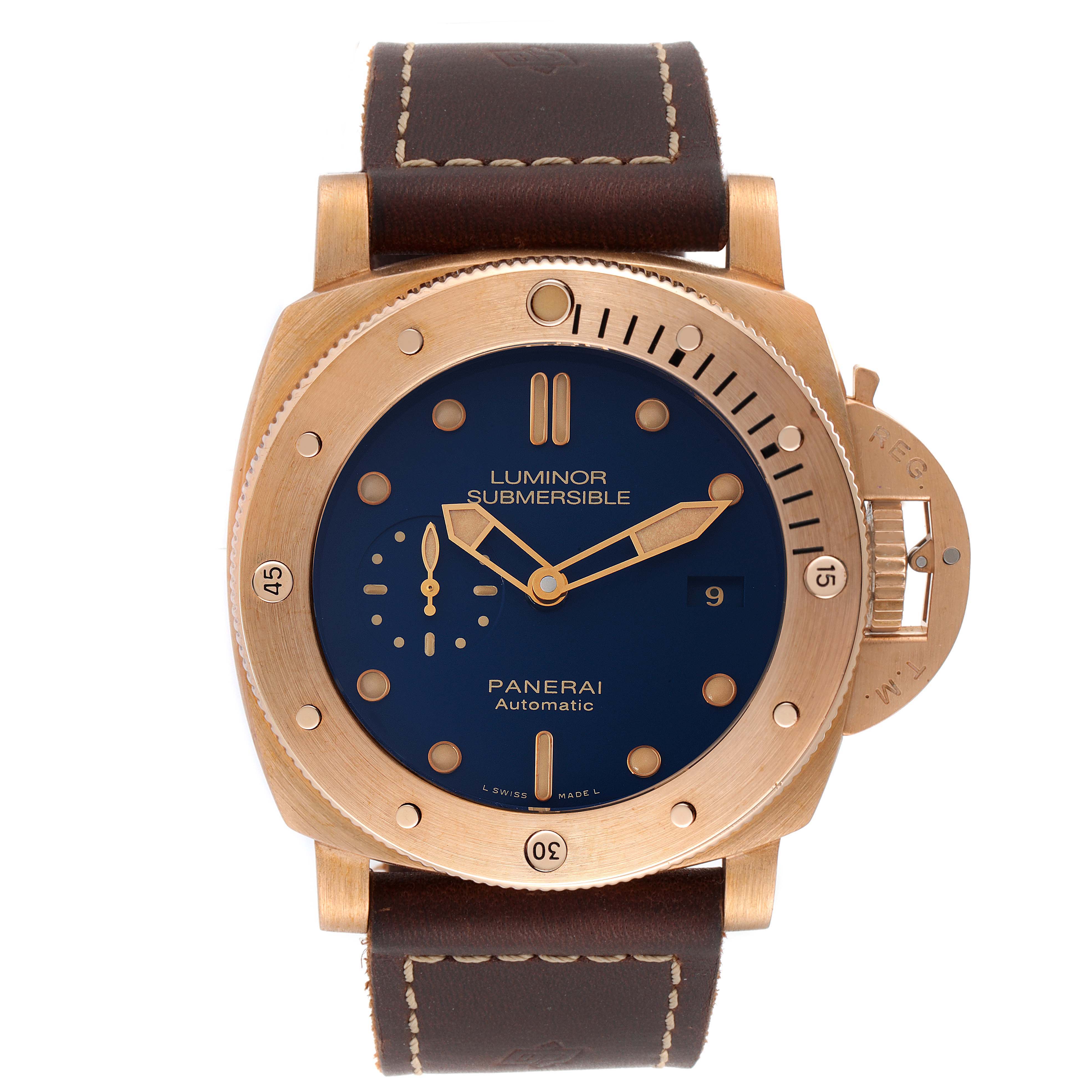 The image shows a front view of a Panerai Submersible PAM00671 Men's Bronze Blue Dial PAM00671 Men's Bronze Blue Dial watch, highlighting its dial, bezel, and leather strap.