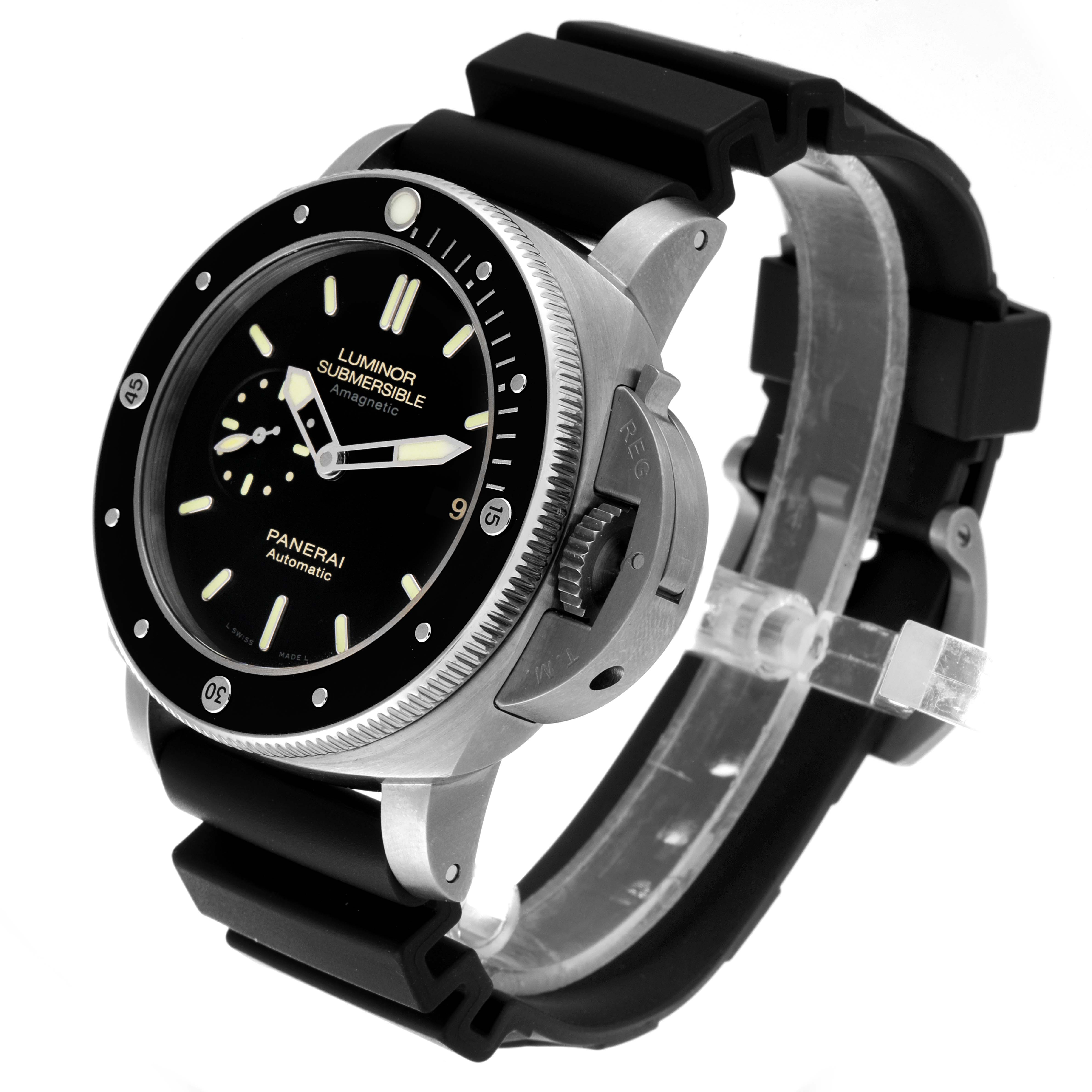 The Panerai Luminor Submersible watch is shown at a three-quarter angle, highlighting the bezel, dial, and strap.