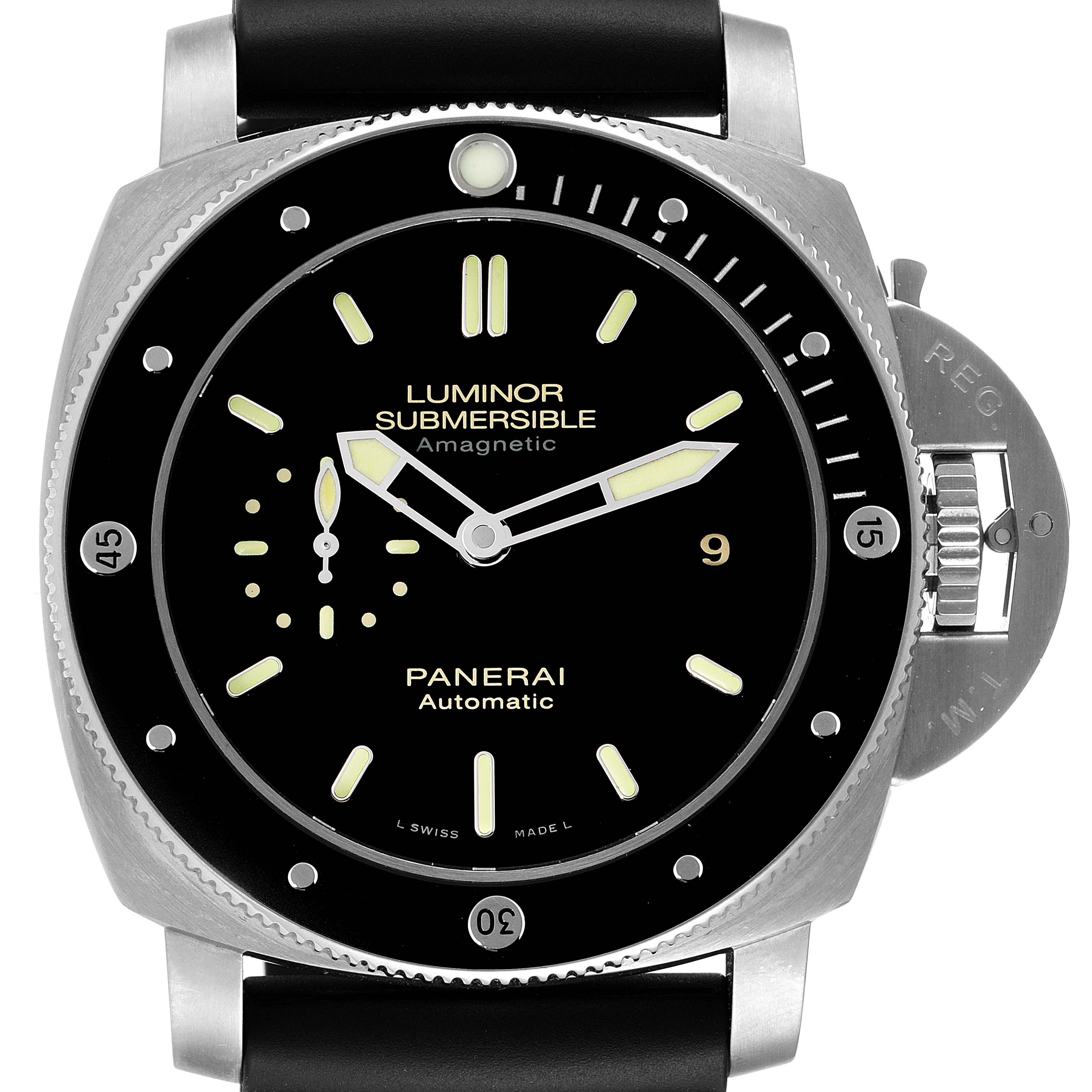 This image shows a front view of the Panerai Submersible PAM00389 Men's Titanium Black Dial PAM00389 Men's Titanium Black Dial watch, highlighting the dial, bezel, and crown guard.