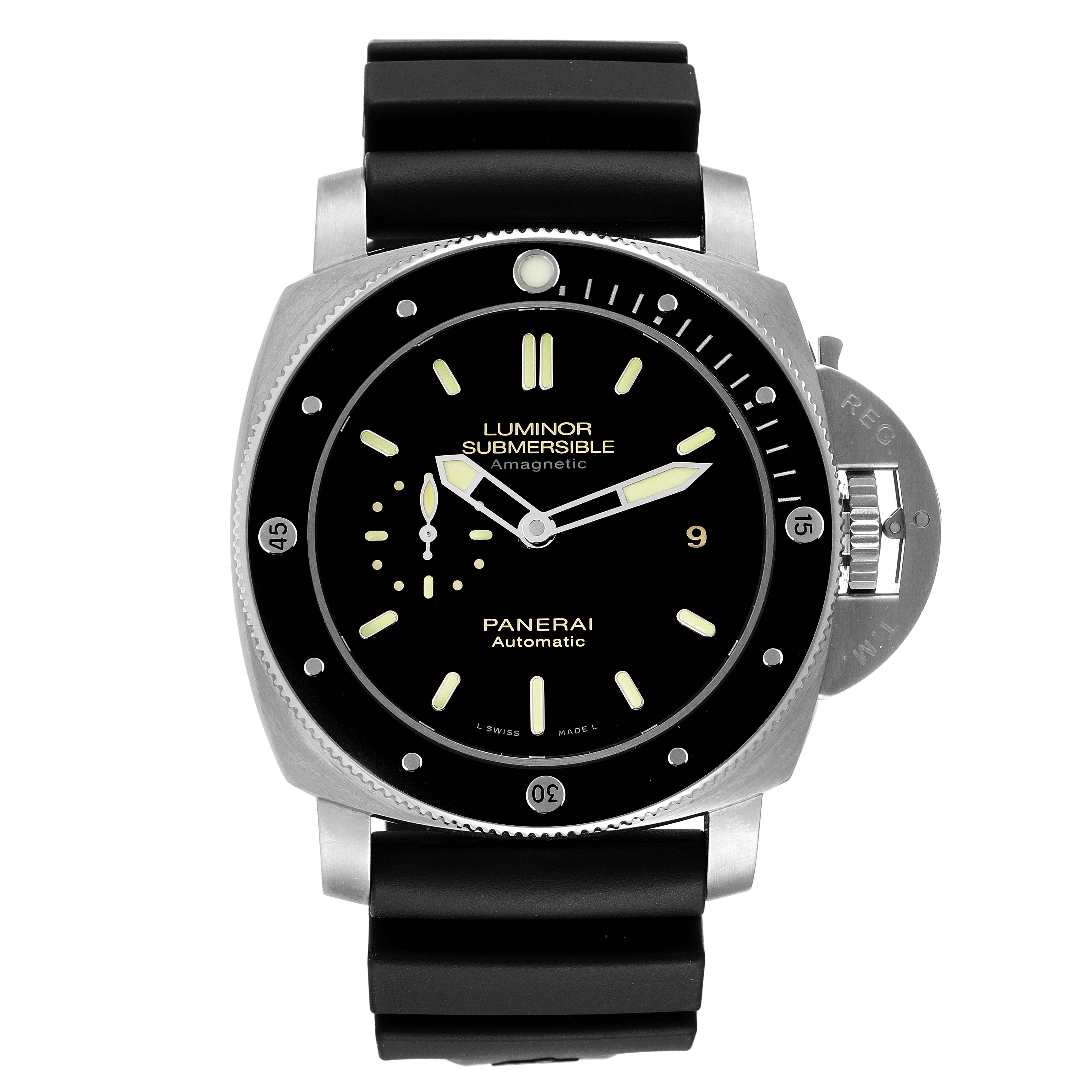 The image shows a frontal view of the Panerai Submersible PAM00389 Men's Titanium Black Dial PAM00389 Men's Titanium Black Dial watch, displaying the dial, bezel, and rubber strap.
