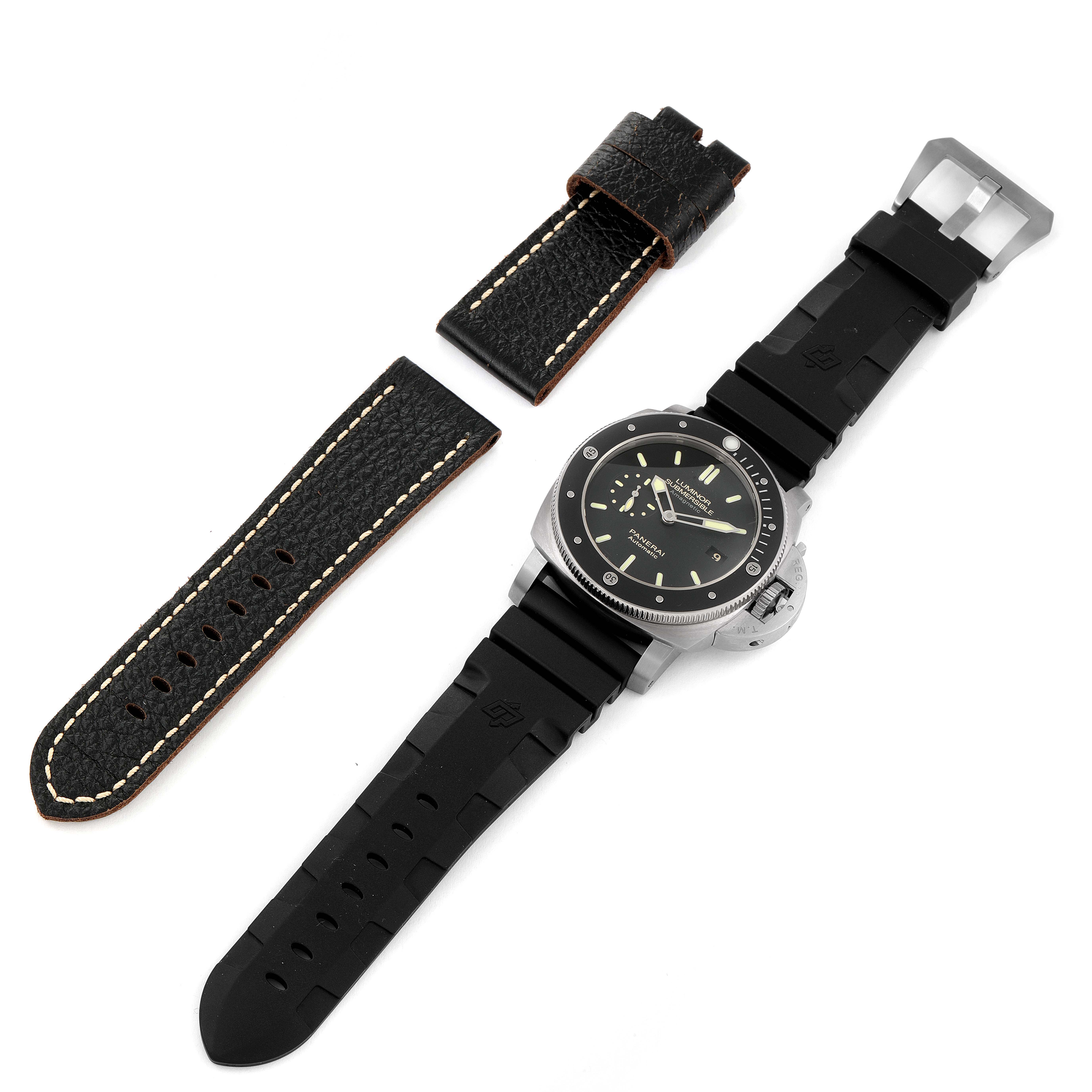 The image shows a Panerai Submersible PAM00389 Men's Titanium Black Dial PAM00389 Men's Titanium Black Dial watch and its accessories, including the watch face with a black rubber strap and a separate black leather strap.