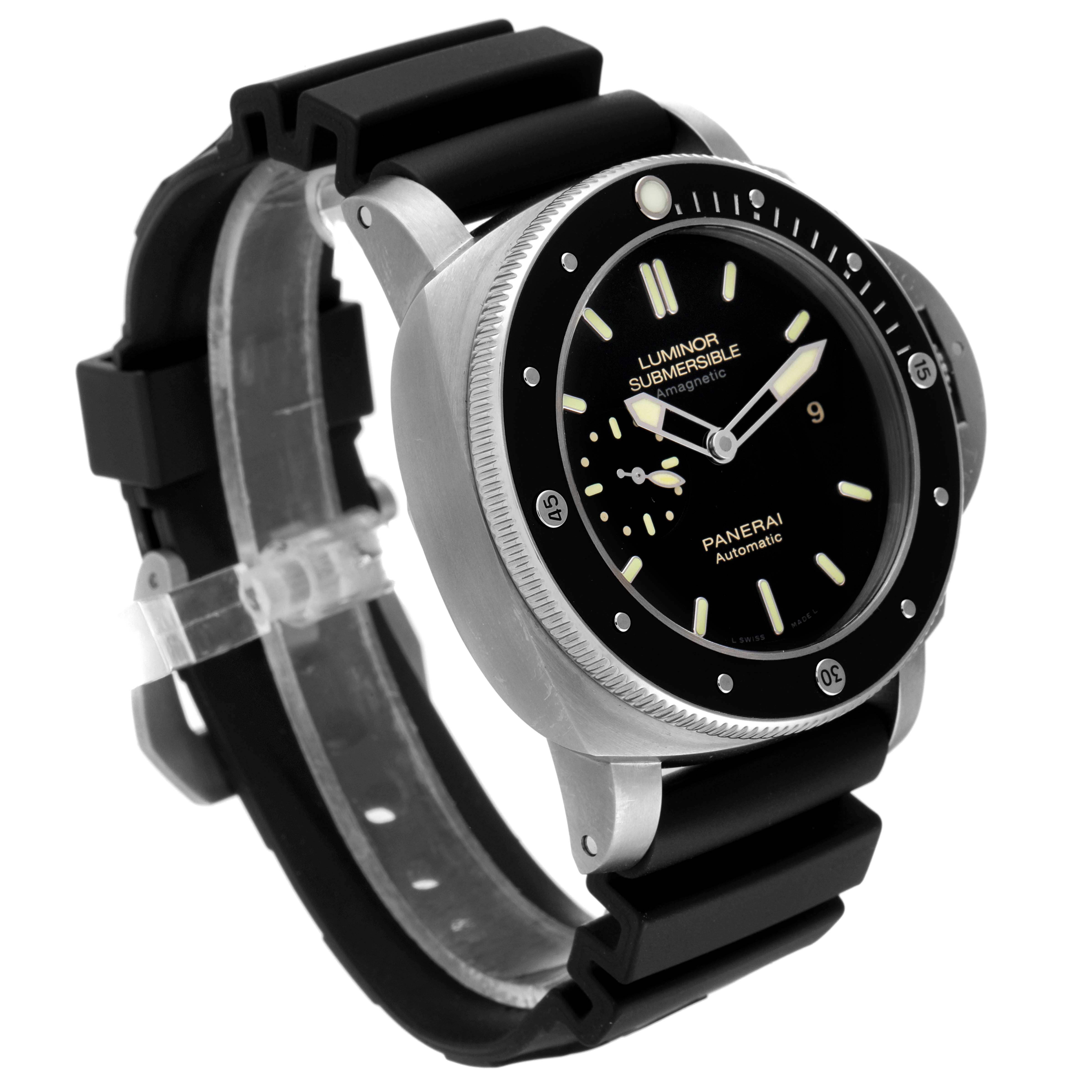 The image shows a Panerai Submersible PAM00389 Men's Titanium Black Dial PAM00389 Men's Titanium Black Dial watch at a three-quarter angle, highlighting its face, bezel, and black strap.