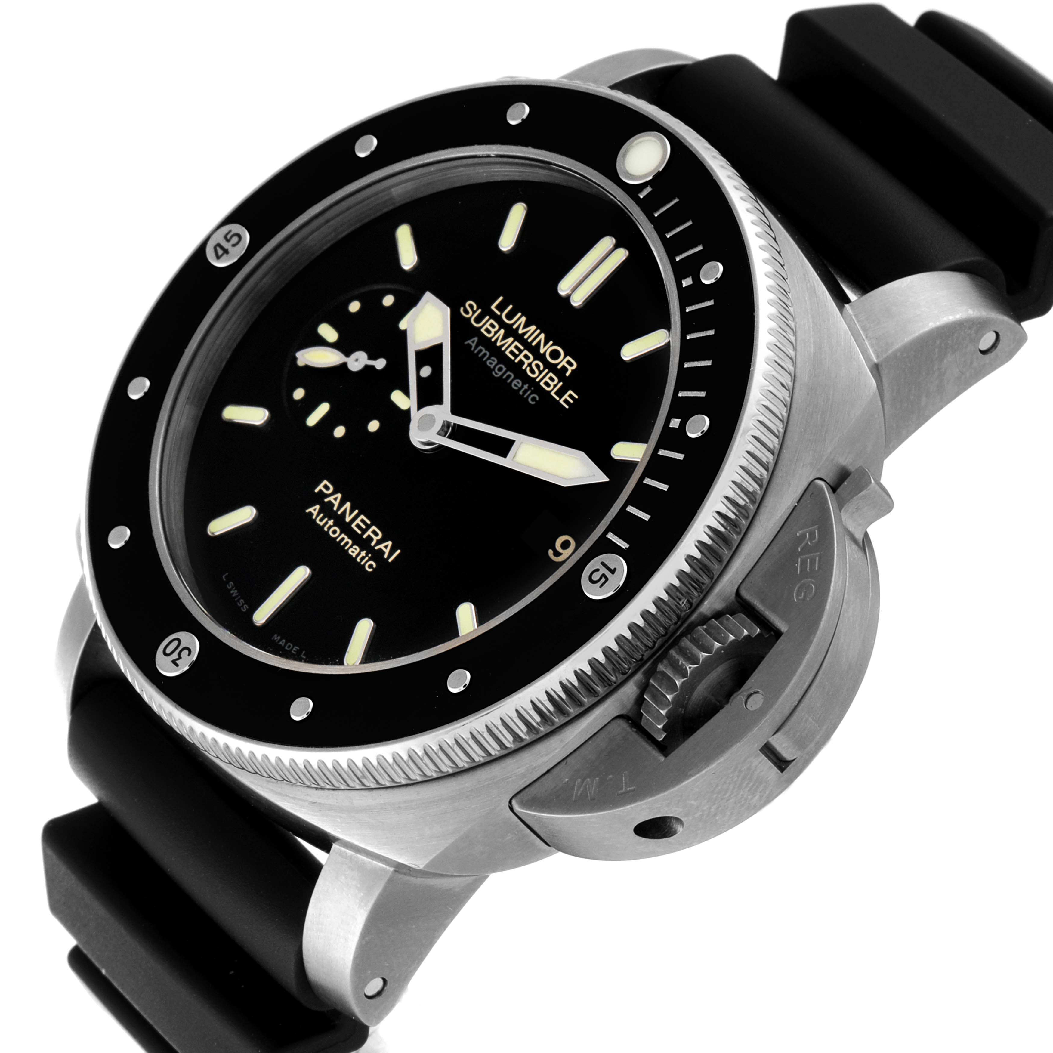 The image shows a close-up, angled view of the Panerai Submersible PAM00389 Men's Titanium Black Dial PAM00389 Men's Titanium Black Dial watch, highlighting its bezel, dial, and rubber strap.