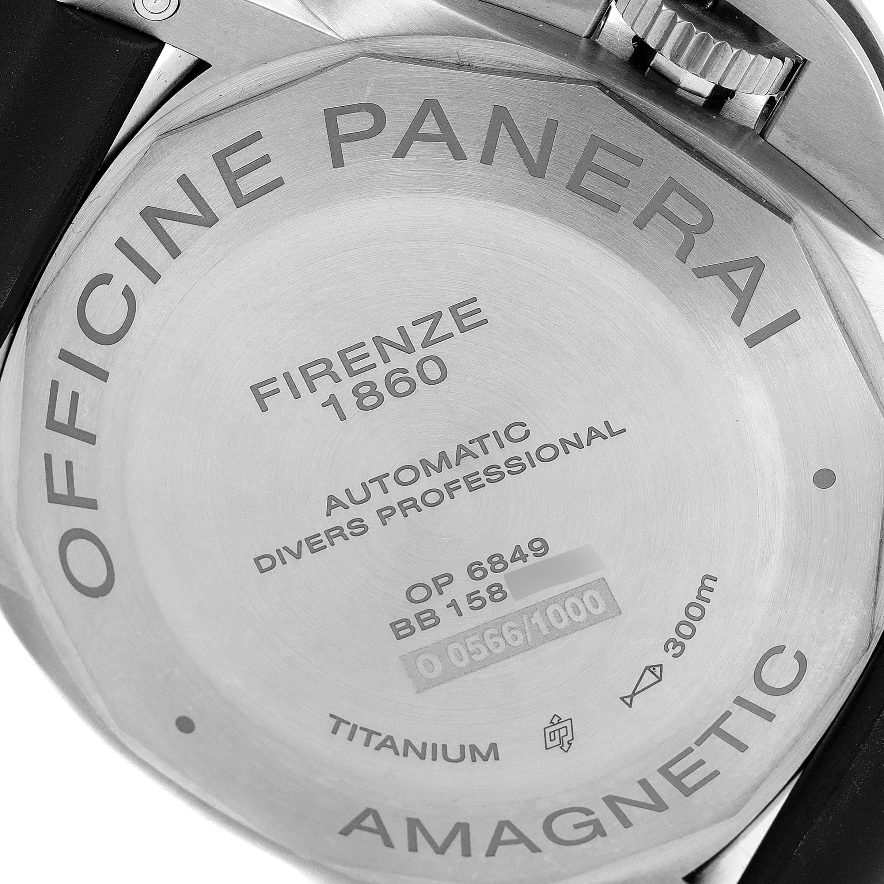 This image shows the back case of a Panerai Submersible PAM00389 Men's Titanium Black Dial PAM00389 Men's Titanium Black Dial watch, highlighting details like model numbers and water resistance.