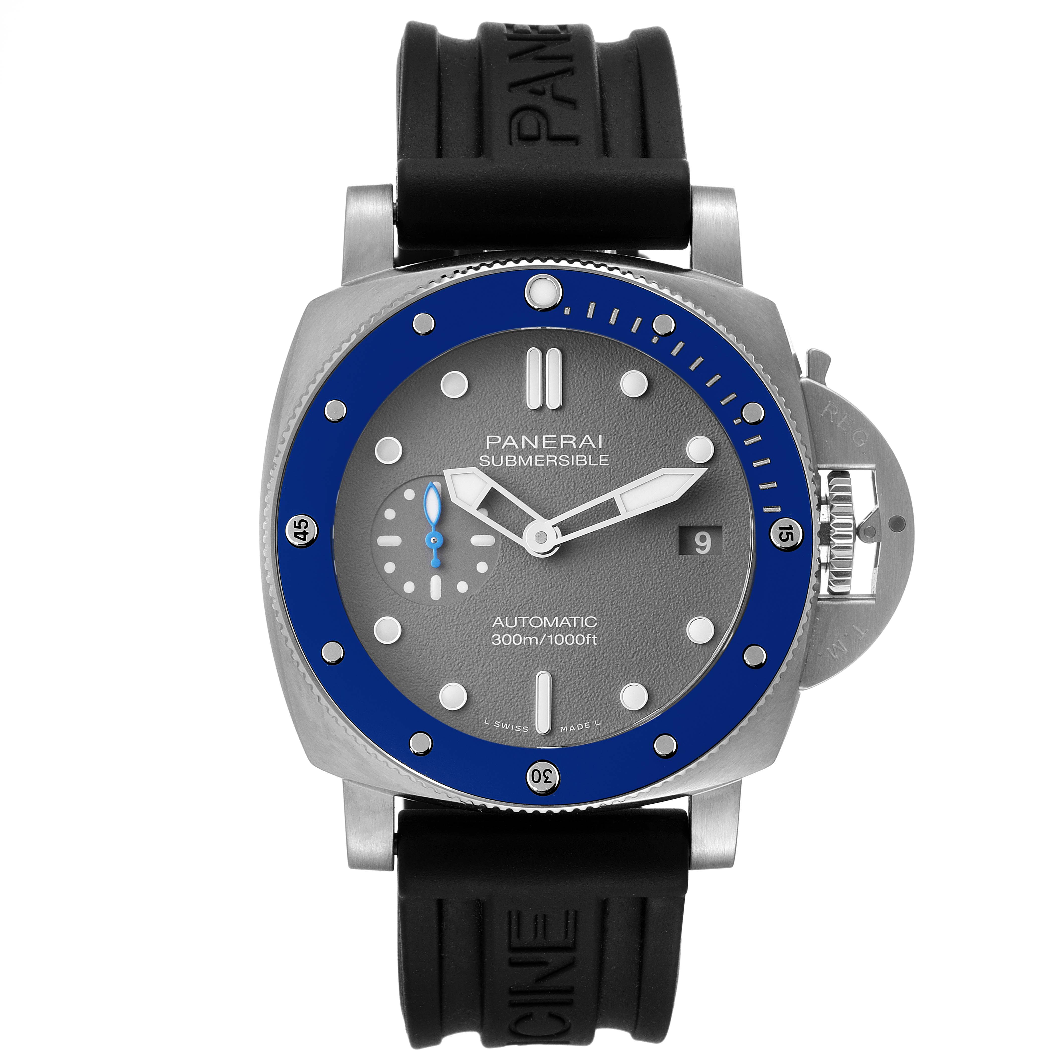 The Panerai Submersible PAM00959 Men's Stainless Steel Grey Dial PAM00959 Men's Stainless Steel Grey Dial watch is shown from a front angle, displaying the dial, hands, bezel, and part of the rubber strap.