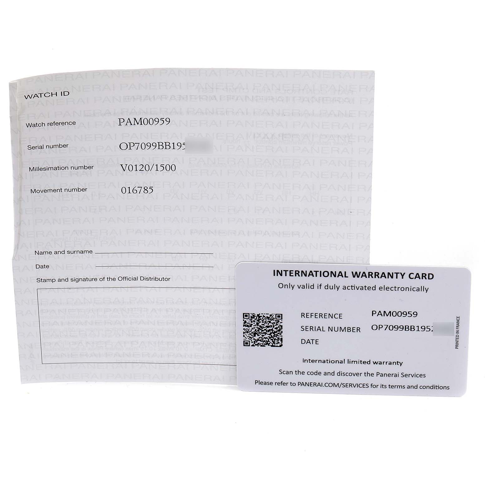 The image shows the warranty card and identification papers for the Panerai Submersible PAM00959 Men's Stainless Steel Grey Dial PAM00959 Men's Stainless Steel Grey Dial model PAM00959.
