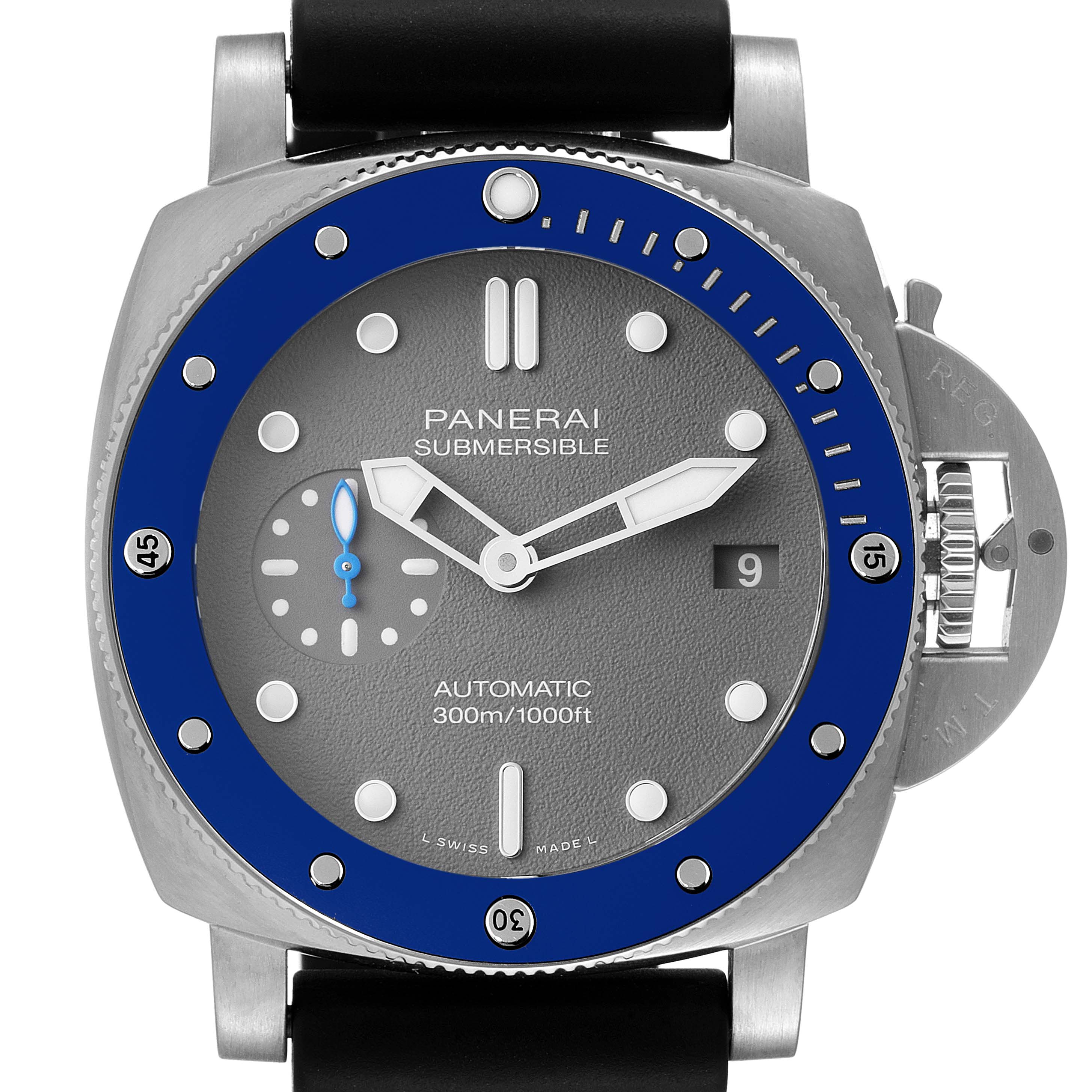 The Panerai Submersible PAM00959 Men's Stainless Steel Grey Dial PAM00959 Men's Stainless Steel Grey Dial watch is shown from a top-front angle, highlighting the dial, bezel, and crown guard.