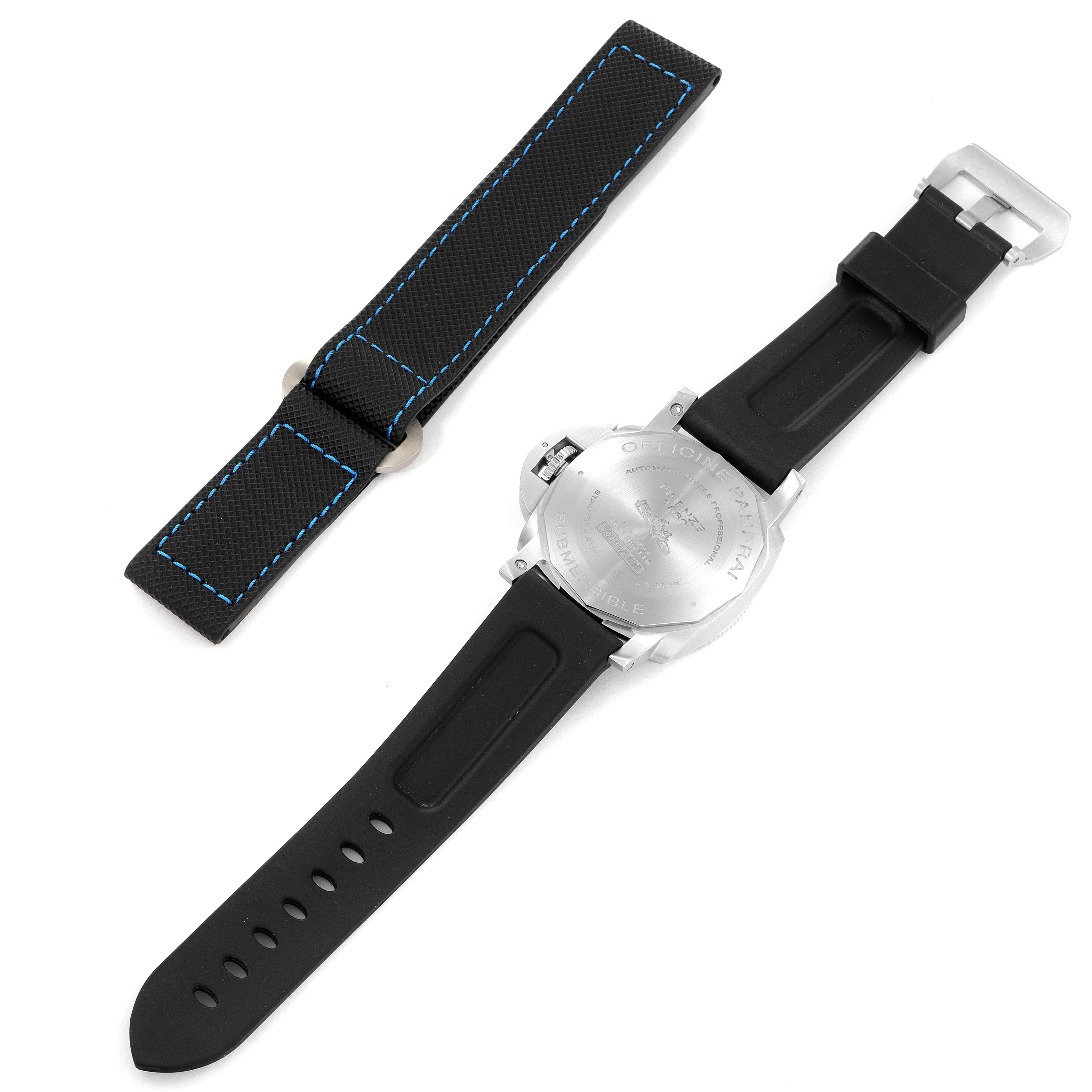 The image shows the back of a Panerai Submersible PAM00959 Men's Stainless Steel Grey Dial PAM00959 Men's Stainless Steel Grey Dial watch and its detached black strap with blue stitching.