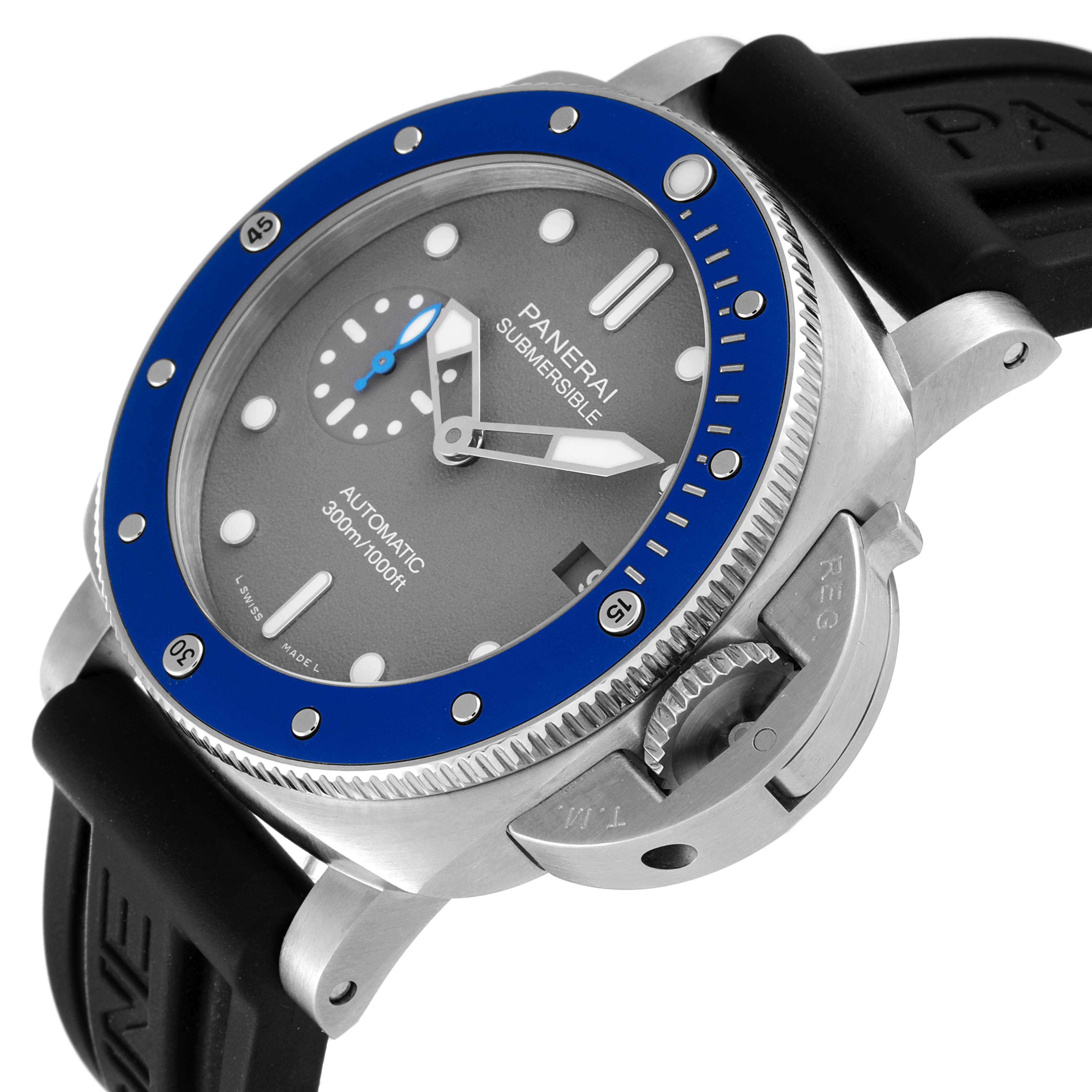 The image shows a Panerai Submersible PAM00959 Men's Stainless Steel Grey Dial PAM00959 Men's Stainless Steel Grey Dial watch at an angle that highlights its face, bezel, crown guard, and part of the strap.