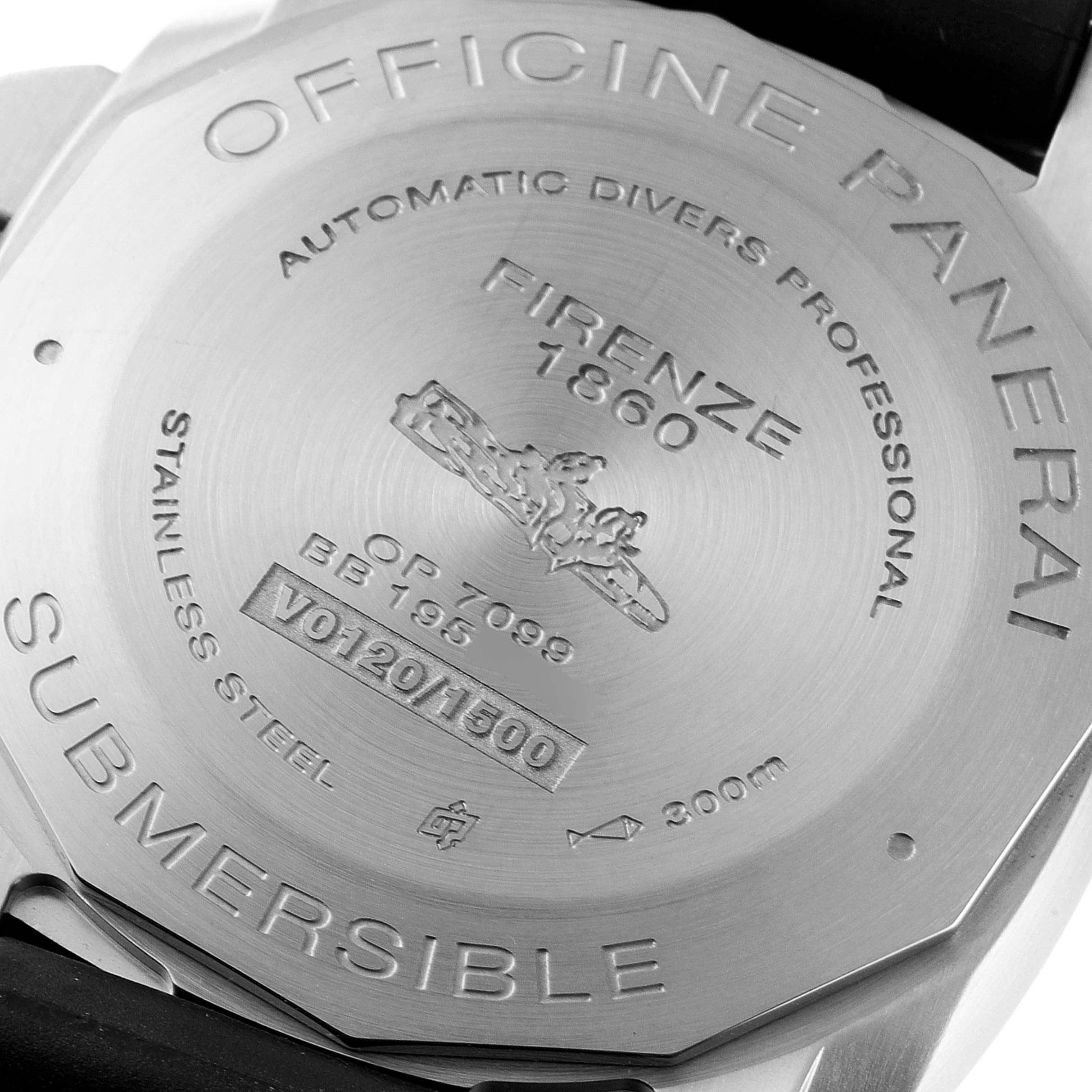 The image shows the back case of the Panerai Submersible PAM00959 Men's Stainless Steel Grey Dial PAM00959 Men's Stainless Steel Grey Dial watch, highlighting inscriptions and details.