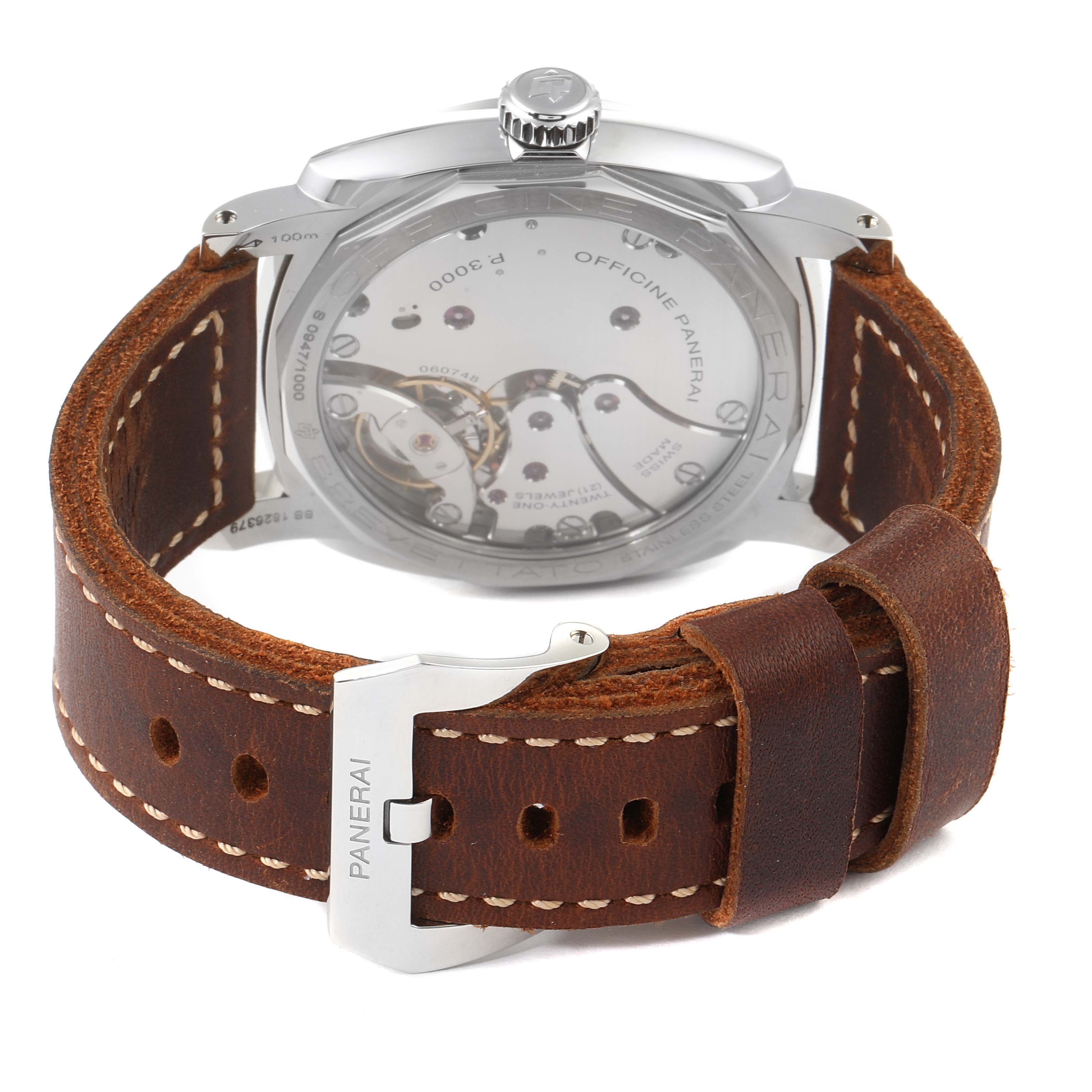 The image shows the back view of a Panerai Radiomir PAM00662 Men's Stainless Steel Brown Dial PAM00662 Men's Stainless Steel Brown Dial watch, highlighting its movement and brown leather strap with the Panerai logo on the buckle.