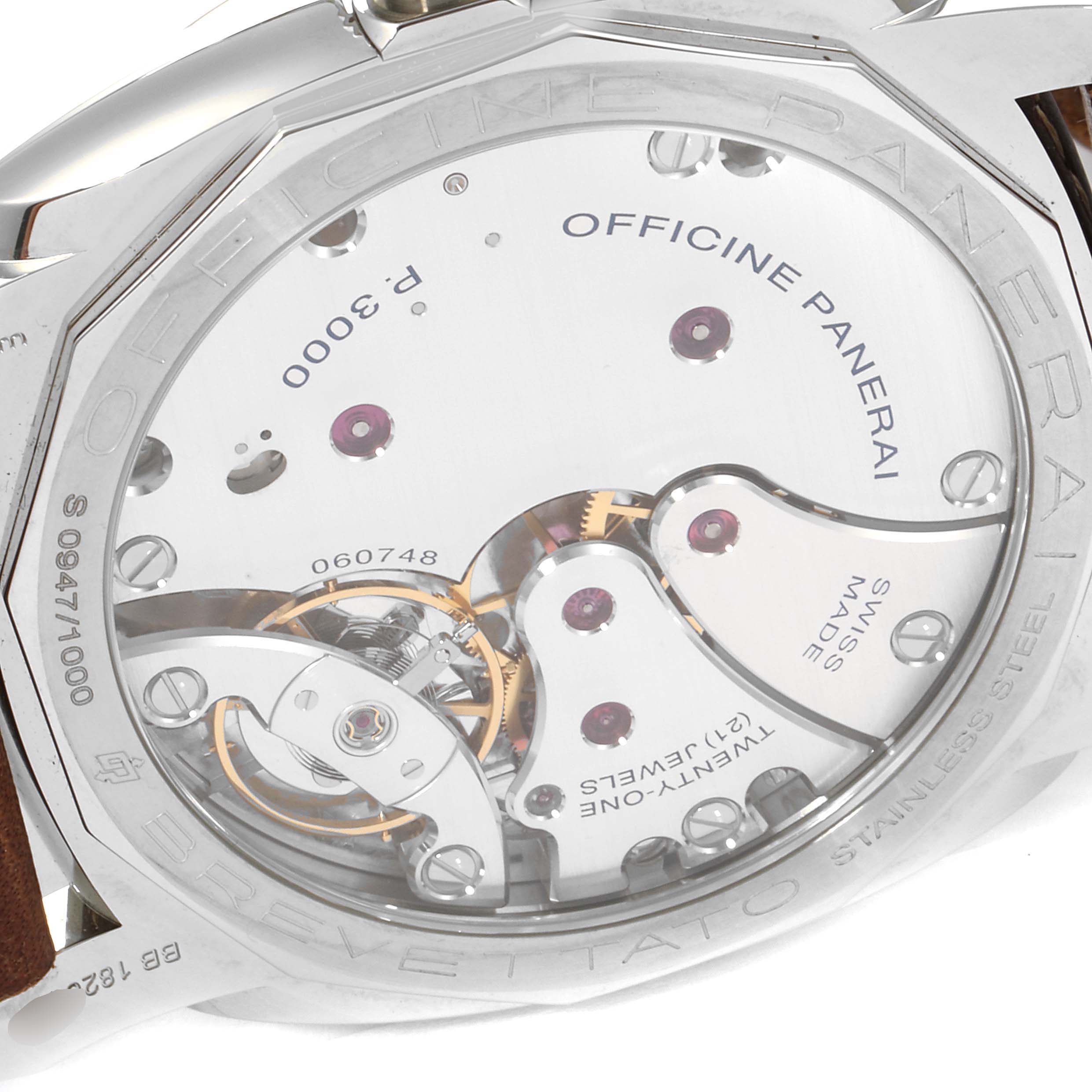 The image shows a rear angle of the Panerai Radiomir PAM00662 Men's Stainless Steel Brown Dial PAM00662 Men's Stainless Steel Brown Dial watch, focusing on its exposed mechanical movement.