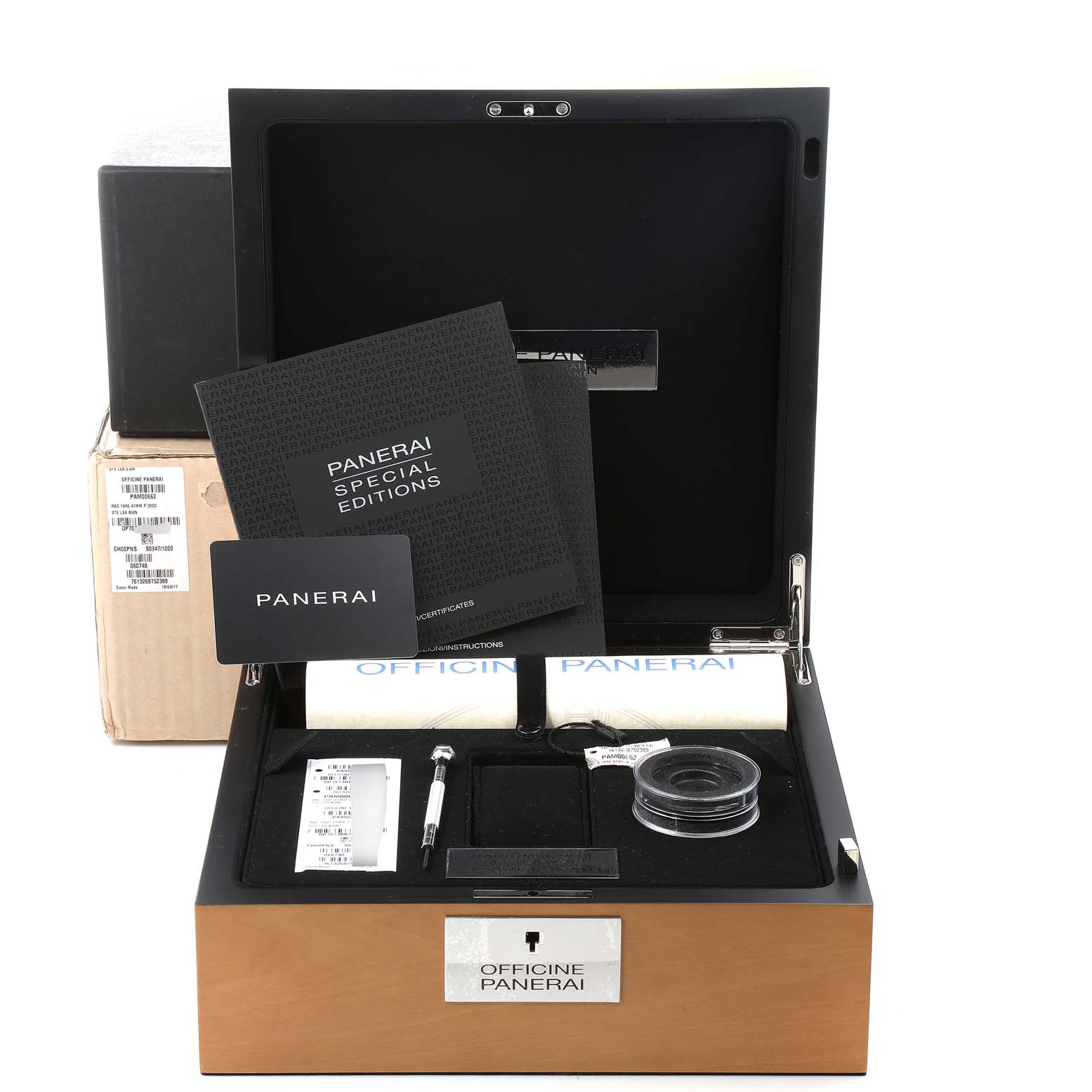 This image shows a Panerai Radiomir PAM00662 Men's Stainless Steel Brown Dial PAM00662 Men's Stainless Steel Brown Dial watch set with box, manuals, tools, and accessories from a front-angle view.