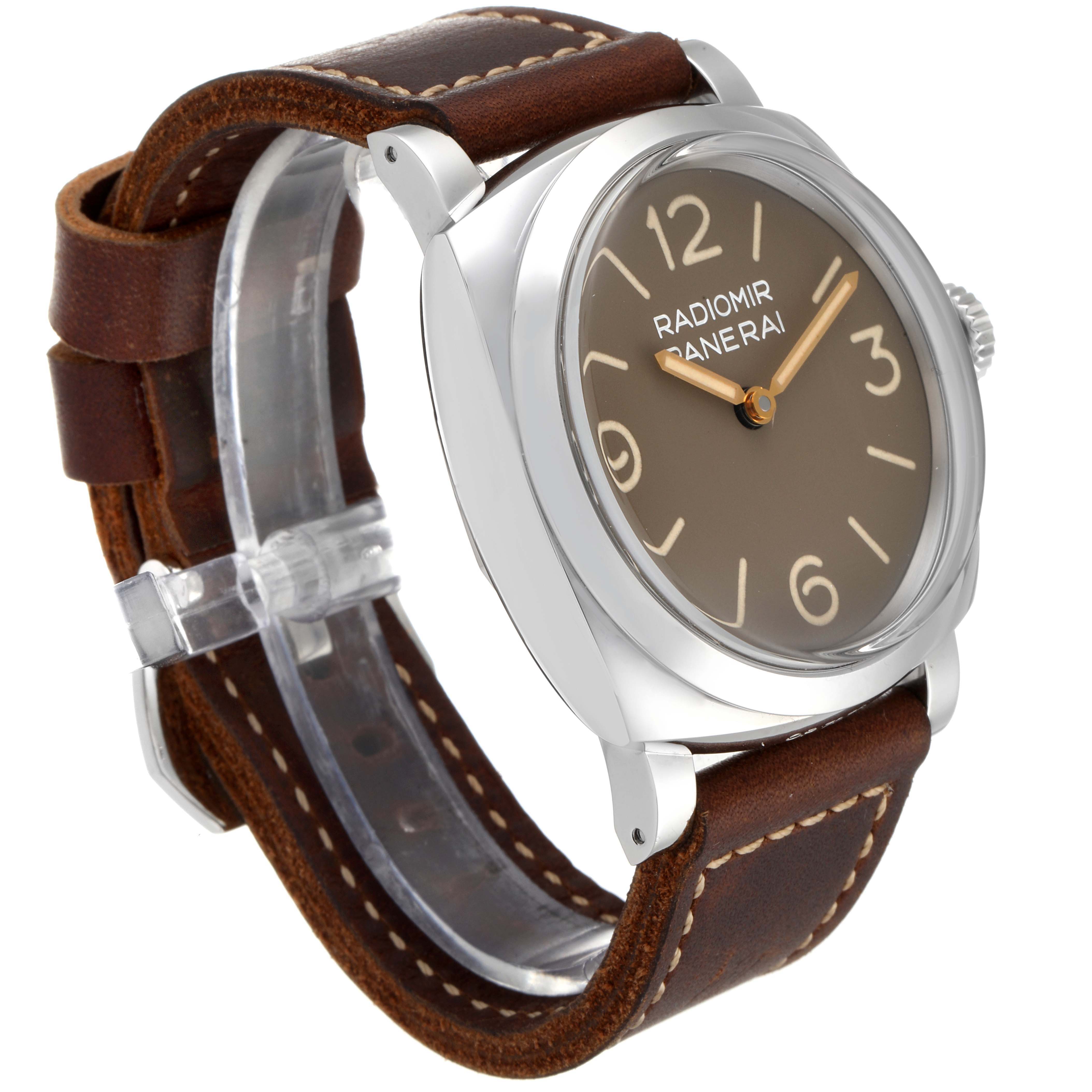 The image shows a Panerai Radiomir PAM00662 Men's Stainless Steel Brown Dial PAM00662 Men's Stainless Steel Brown Dial watch angled from the front-left, focusing on the dial, case, crown, and leather strap.