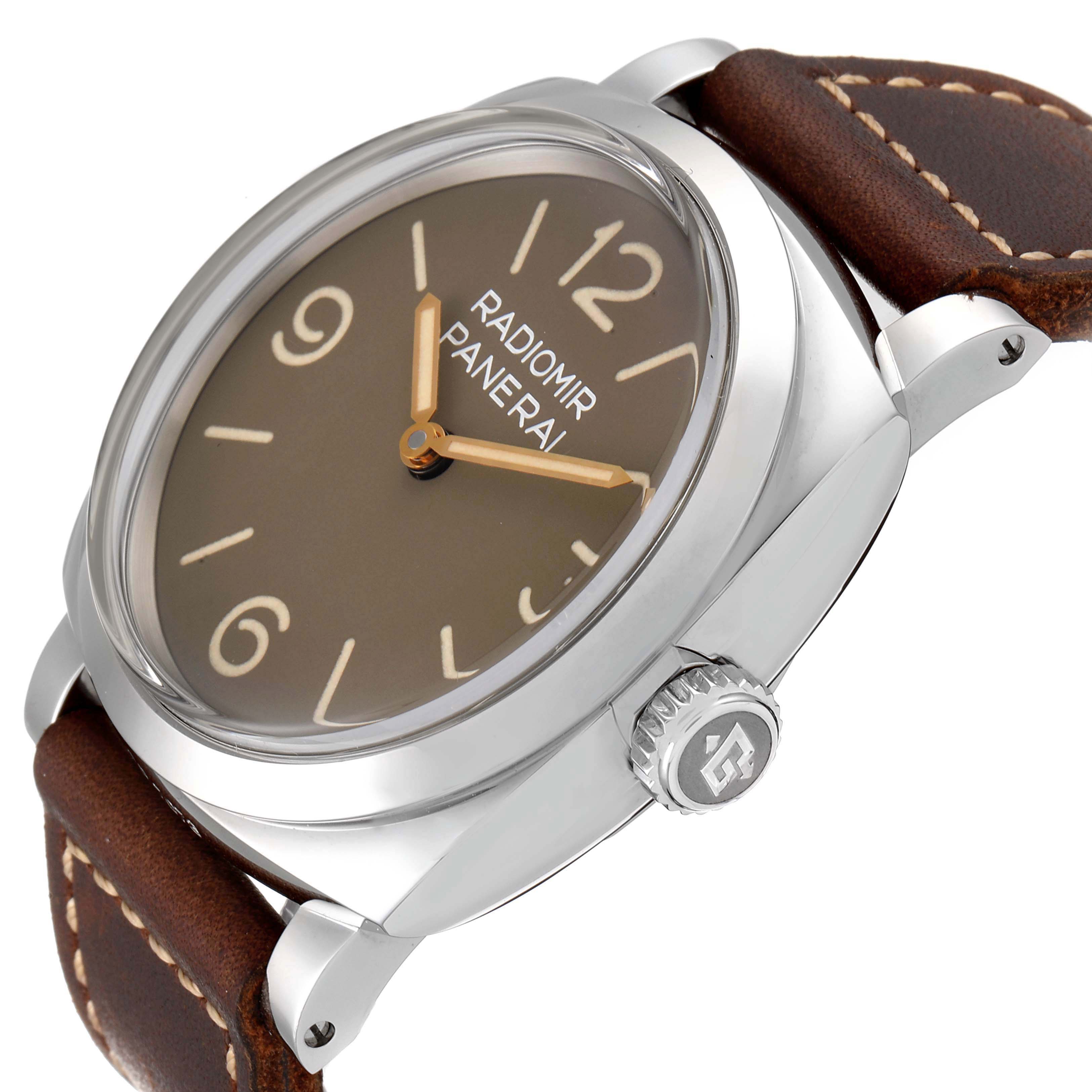 The image shows a side angle of the Panerai Radiomir PAM00662 Men's Stainless Steel Brown Dial PAM00662 Men's Stainless Steel Brown Dial watch, highlighting the dial, case, crown, and brown leather strap.