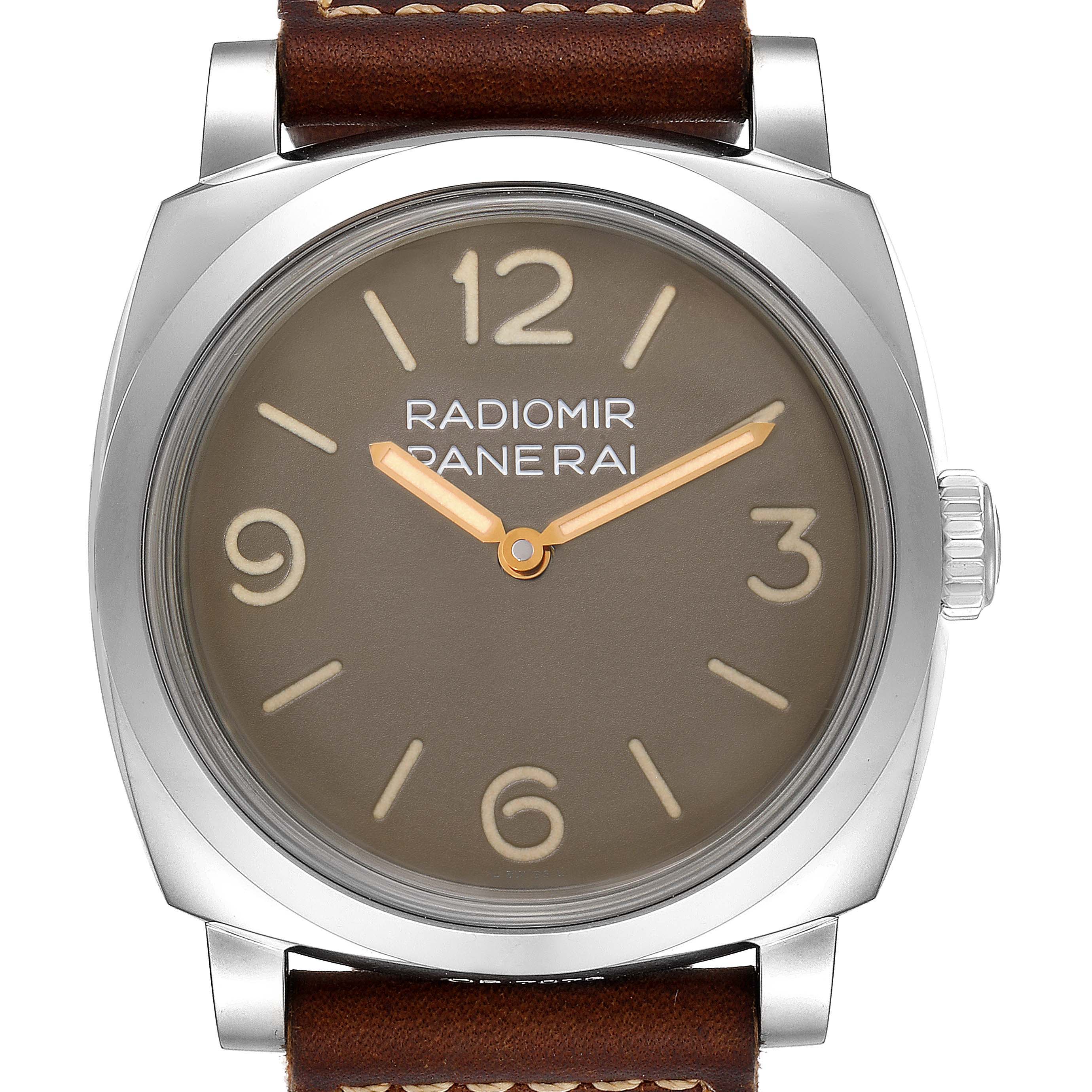 The Panerai Radiomir PAM00662 Men's Stainless Steel Brown Dial PAM00662 Men's Stainless Steel Brown Dial watch is shown from the front, featuring the dial, hands, and leather strap.