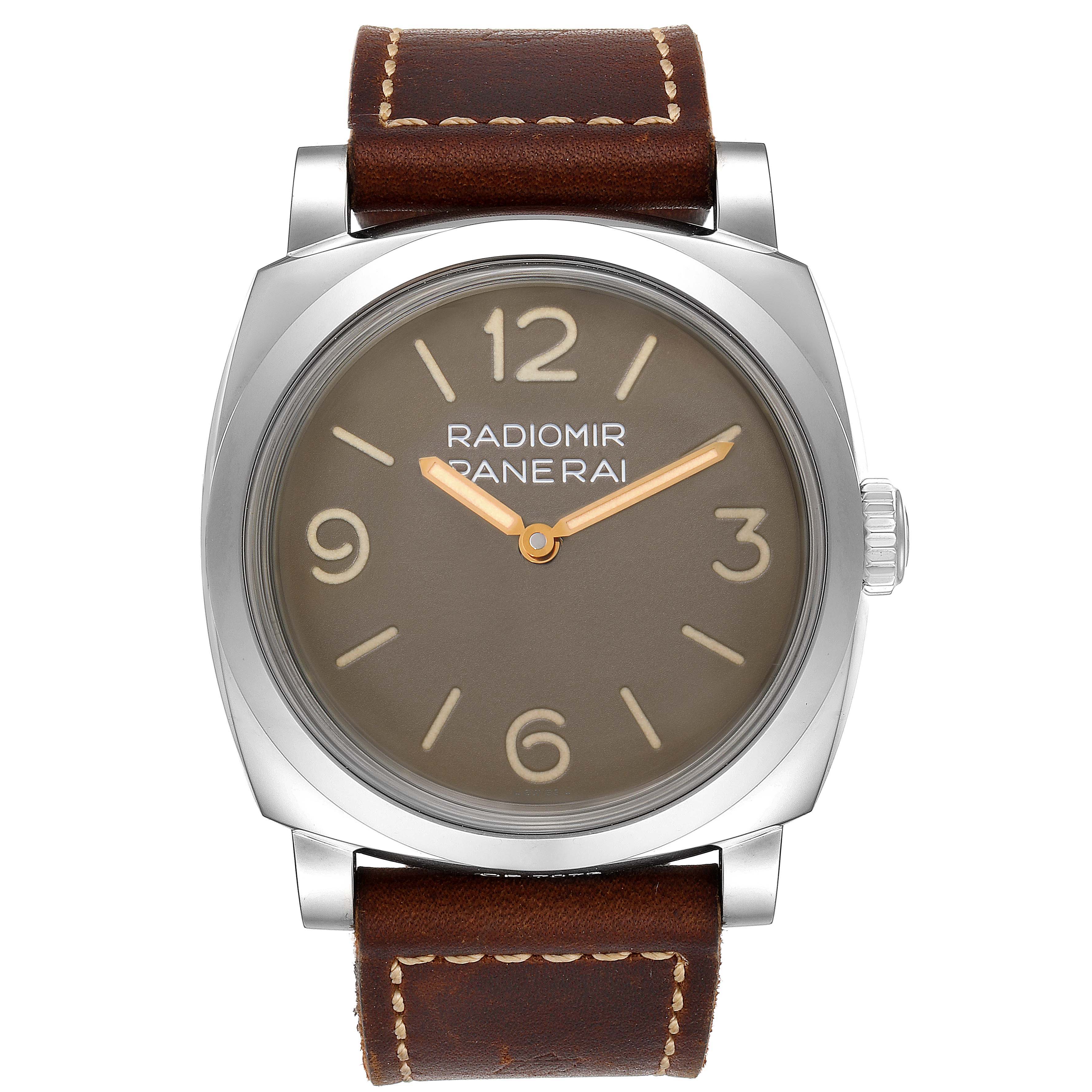 The Panerai Radiomir PAM00662 Men's Stainless Steel Brown Dial PAM00662 Men's Stainless Steel Brown Dial watch is shown from a front angle, displaying the dial, case, crown, and leather strap.