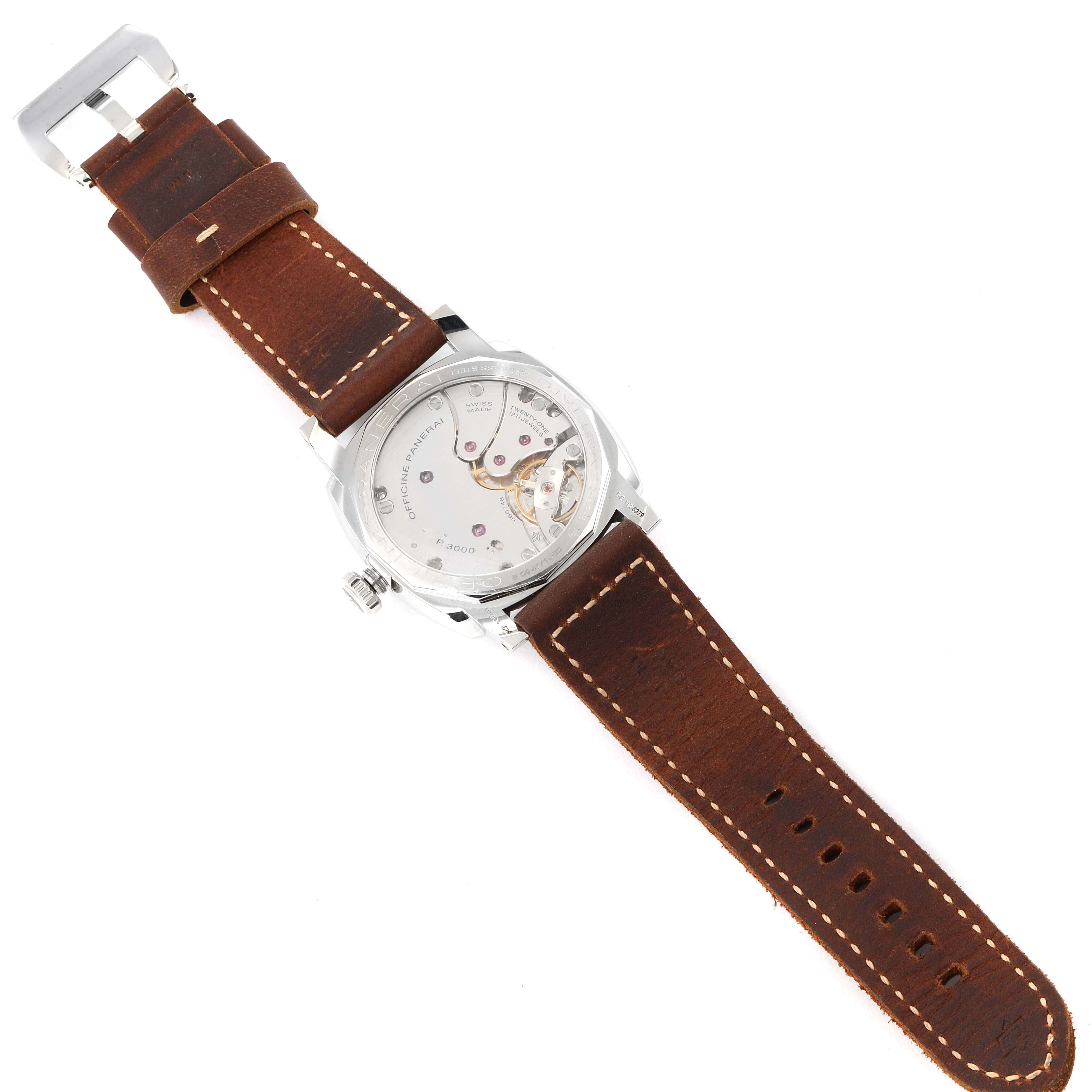 The image shows the back view of a Panerai Radiomir PAM00662 Men's Stainless Steel Brown Dial PAM00662 Men's Stainless Steel Brown Dial watch, highlighting the movement and brown leather strap.