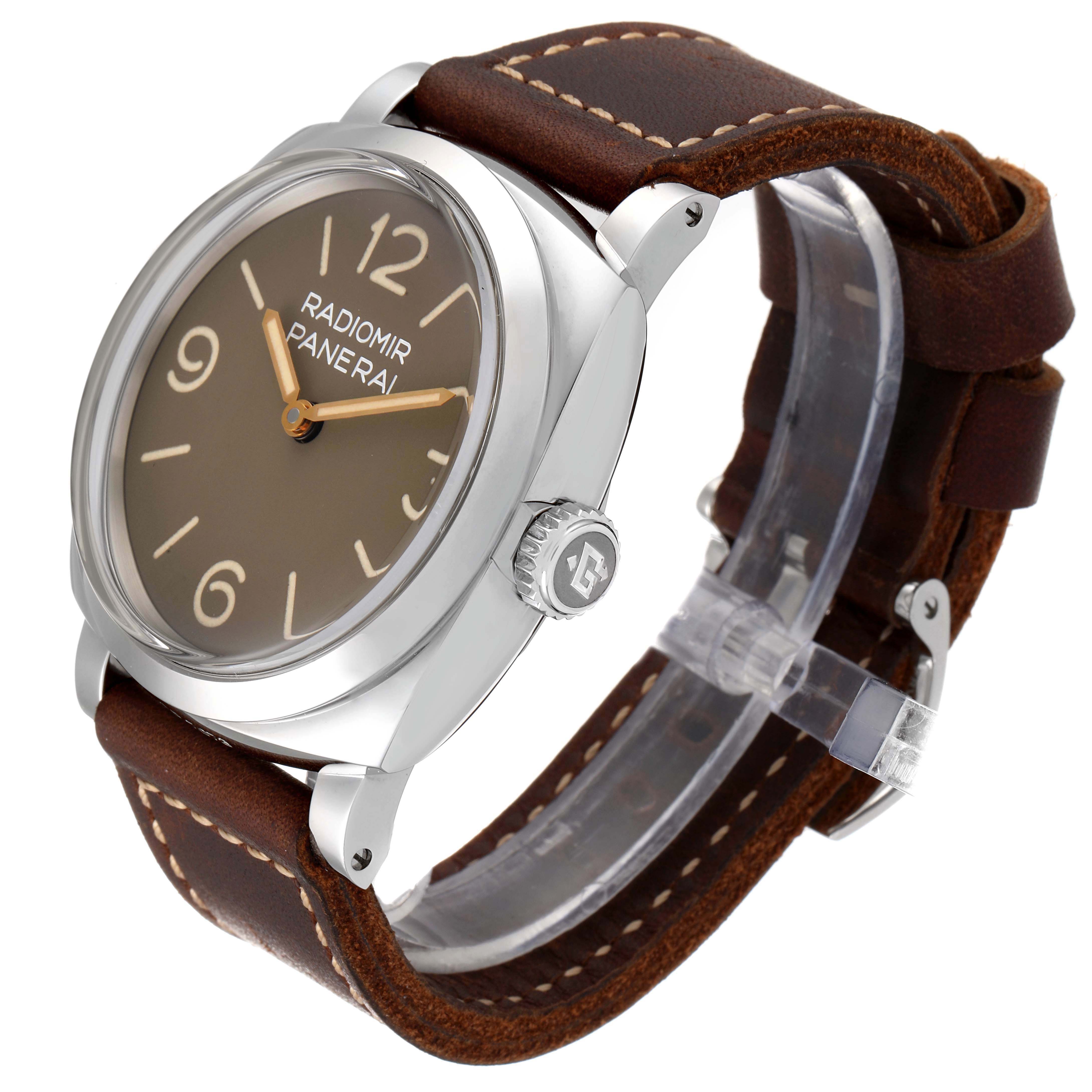 The image shows a Panerai Radiomir PAM00662 Men's Stainless Steel Brown Dial PAM00662 Men's Stainless Steel Brown Dial watch at a three-quarter angle, highlighting its brown dial, crown, and brown leather strap.