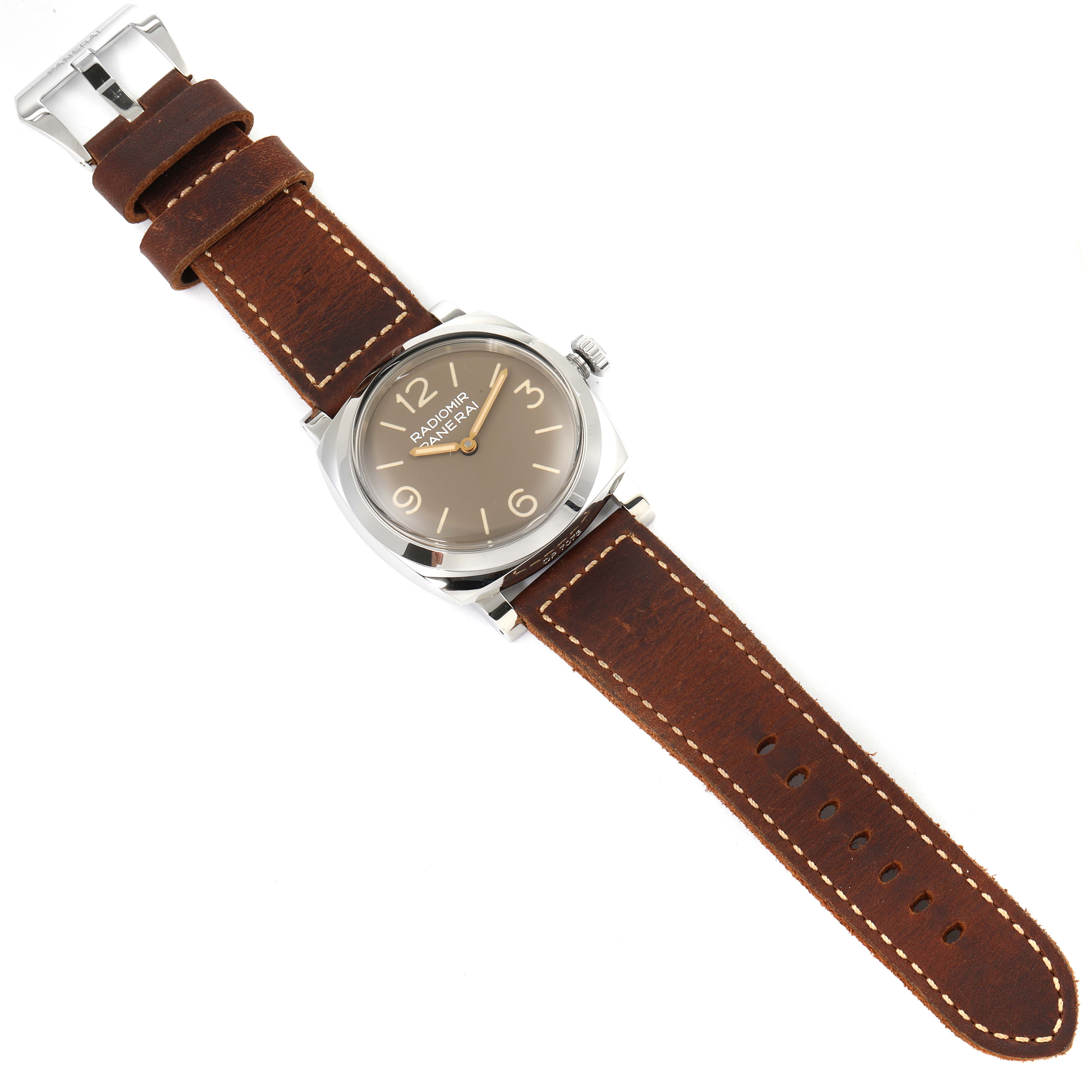 The image shows a Panerai Radiomir PAM00662 Men's Stainless Steel Brown Dial PAM00662 Men's Stainless Steel Brown Dial watch from a top-down angle, displaying its dial, case, crown, and leather strap.