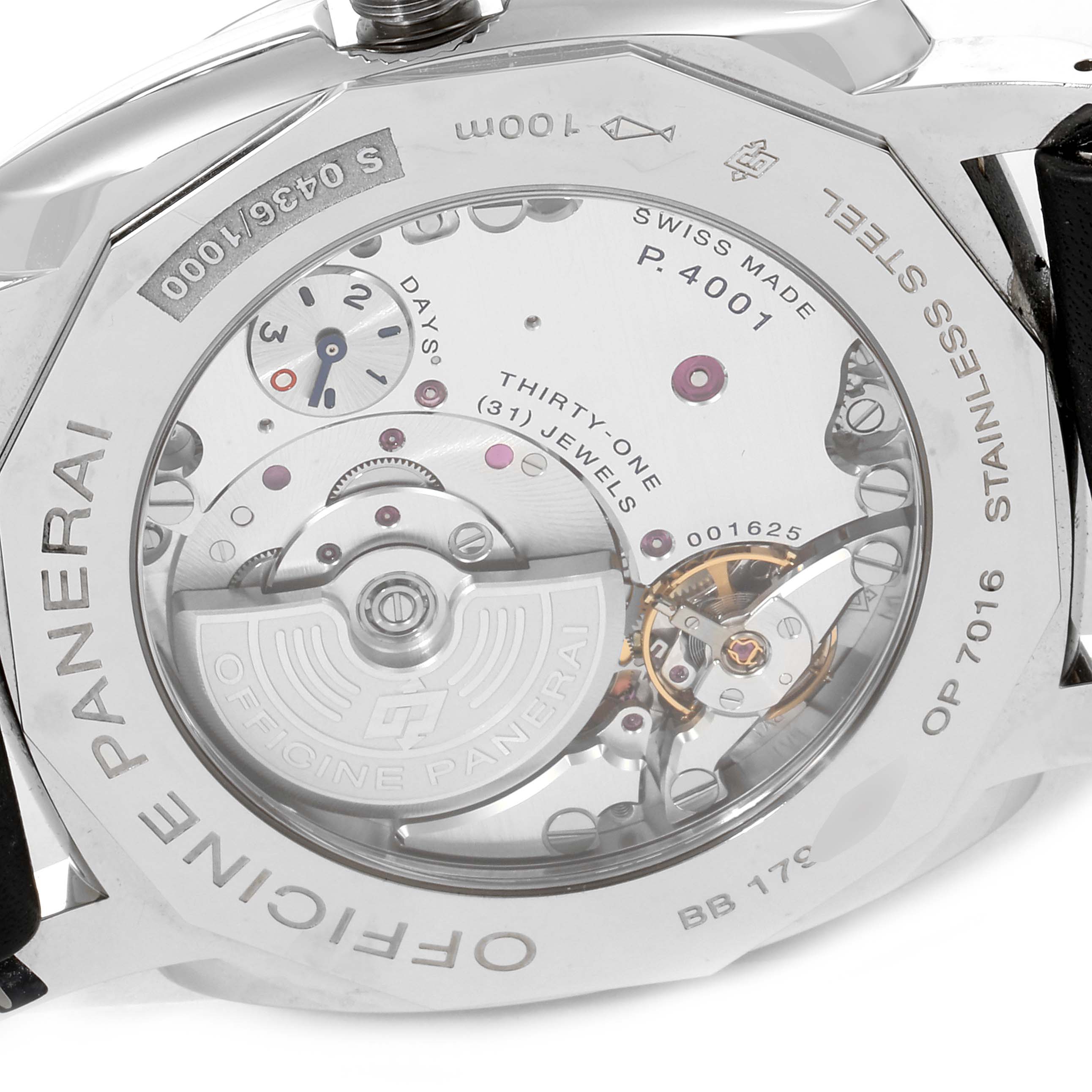 The image shows the back view of a Panerai Radiomir PAM00627 Men's Stainless Steel Black Dial PAM00627 Men's Stainless Steel Black Dial watch, highlighting its inner mechanics and stainless steel casing.