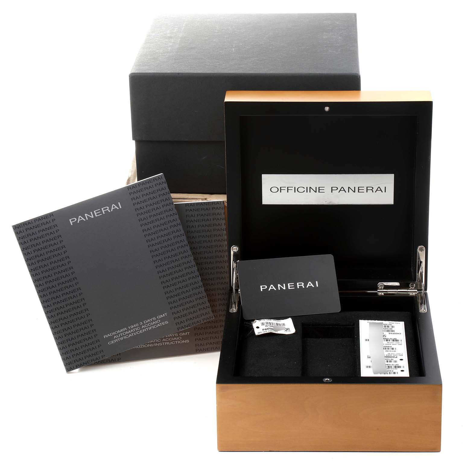 The image shows the Panerai Radiomir PAM00627 Men's Stainless Steel Black Dial PAM00627 Men's Stainless Steel Black Dial watch box, manuals, and a black card angled from the front.