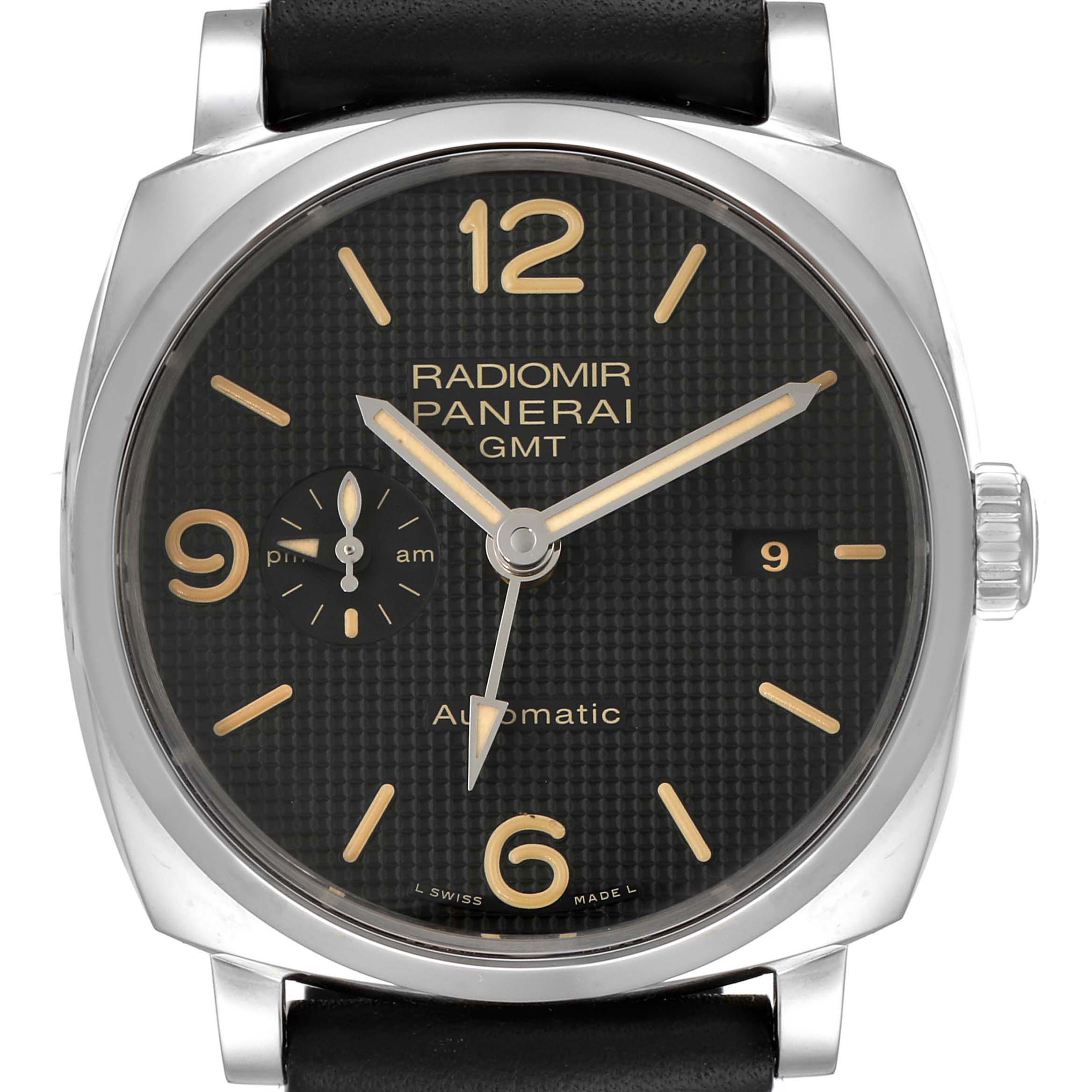 The image shows a front view of a Panerai Radiomir PAM00627 Men's Stainless Steel Black Dial PAM00627 Men's Stainless Steel Black Dial watch, displaying its face, hands, markers, and crown.