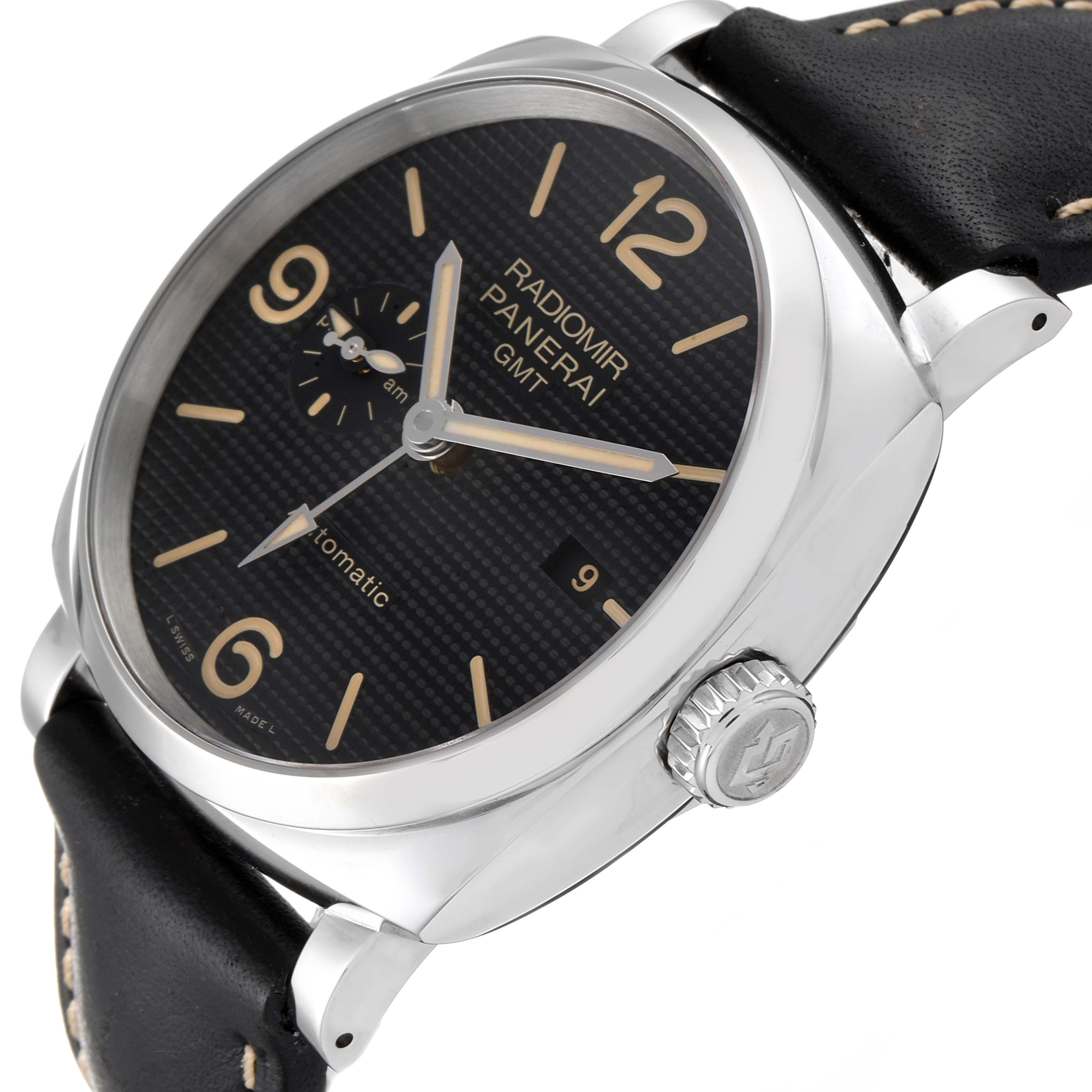 This image shows a Panerai Radiomir PAM00627 Men's Stainless Steel Black Dial PAM00627 Men's Stainless Steel Black Dial watch at an angled side view, highlighting the dial, case, crown, and leather strap.