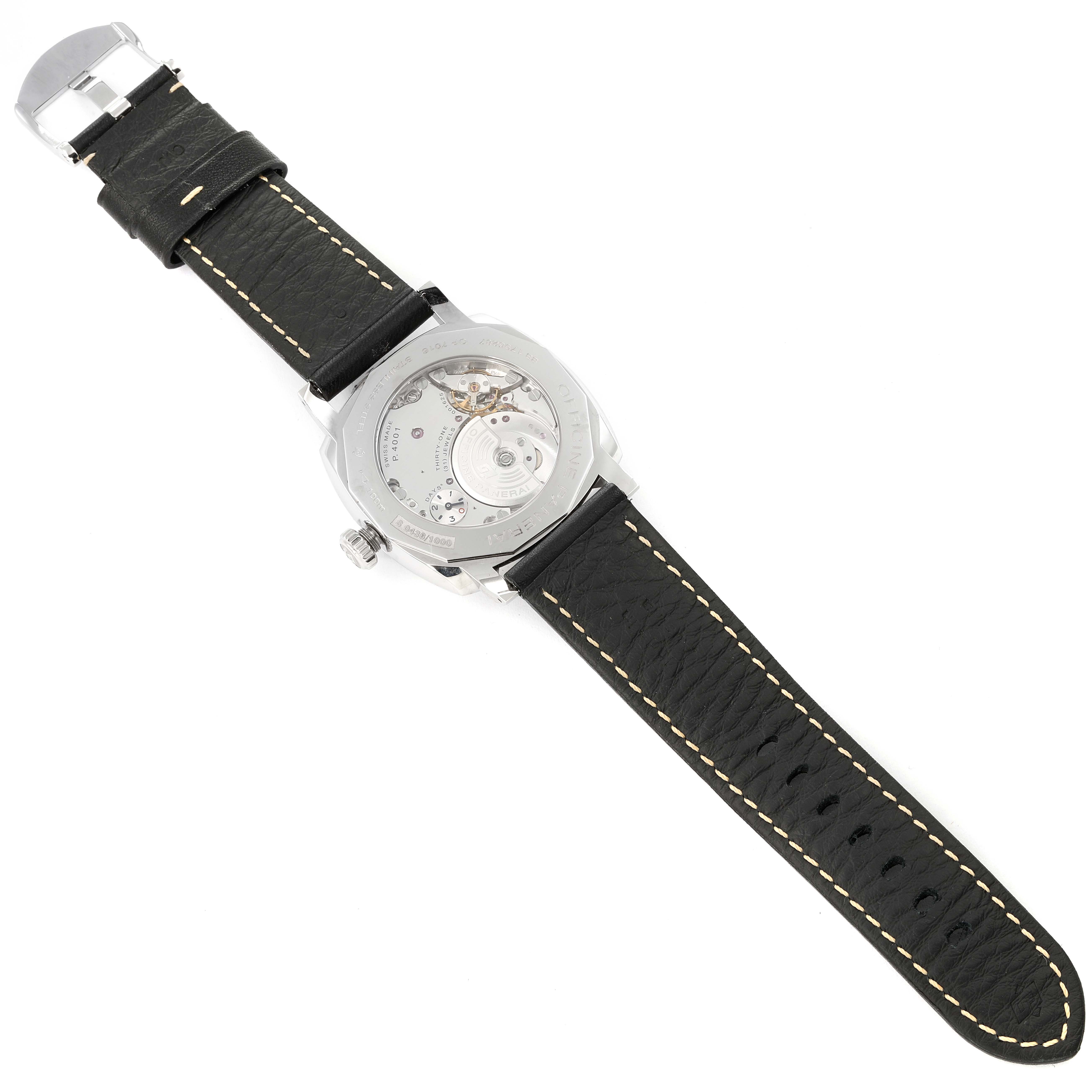 The image shows the back view of a Panerai Radiomir PAM00627 Men's Stainless Steel Black Dial PAM00627 Men's Stainless Steel Black Dial watch, highlighting its leather strap and visible internal mechanisms.