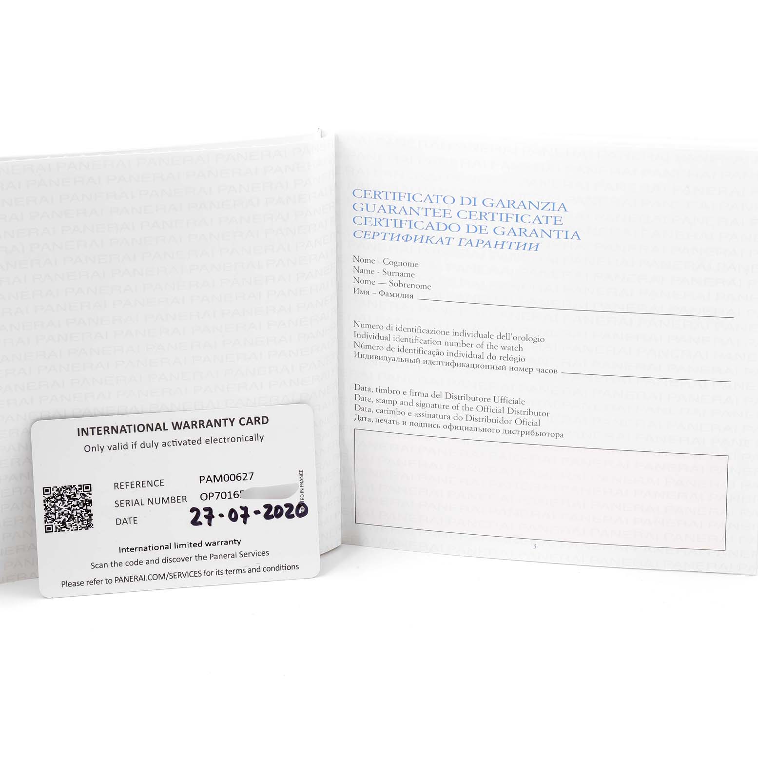 The image shows an international warranty card and certificate booklet for the Panerai Radiomir PAM00627 Men's Stainless Steel Black Dial PAM00627 Men's Stainless Steel Black Dial model.