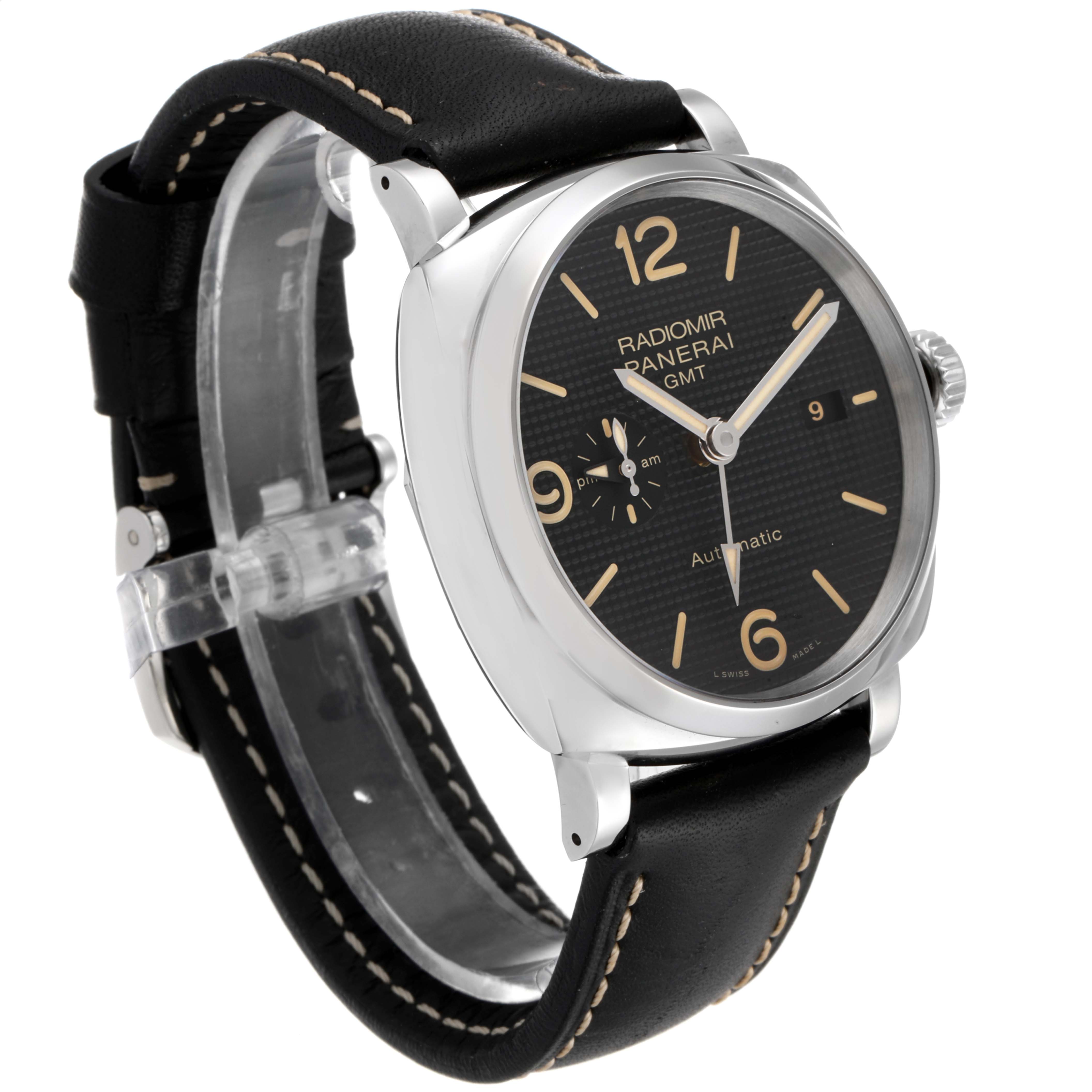 The image shows a Panerai Radiomir PAM00627 Men's Stainless Steel Black Dial PAM00627 Men's Stainless Steel Black Dial watch at a 3/4 angle, displaying the face, case, crown, and leather strap.