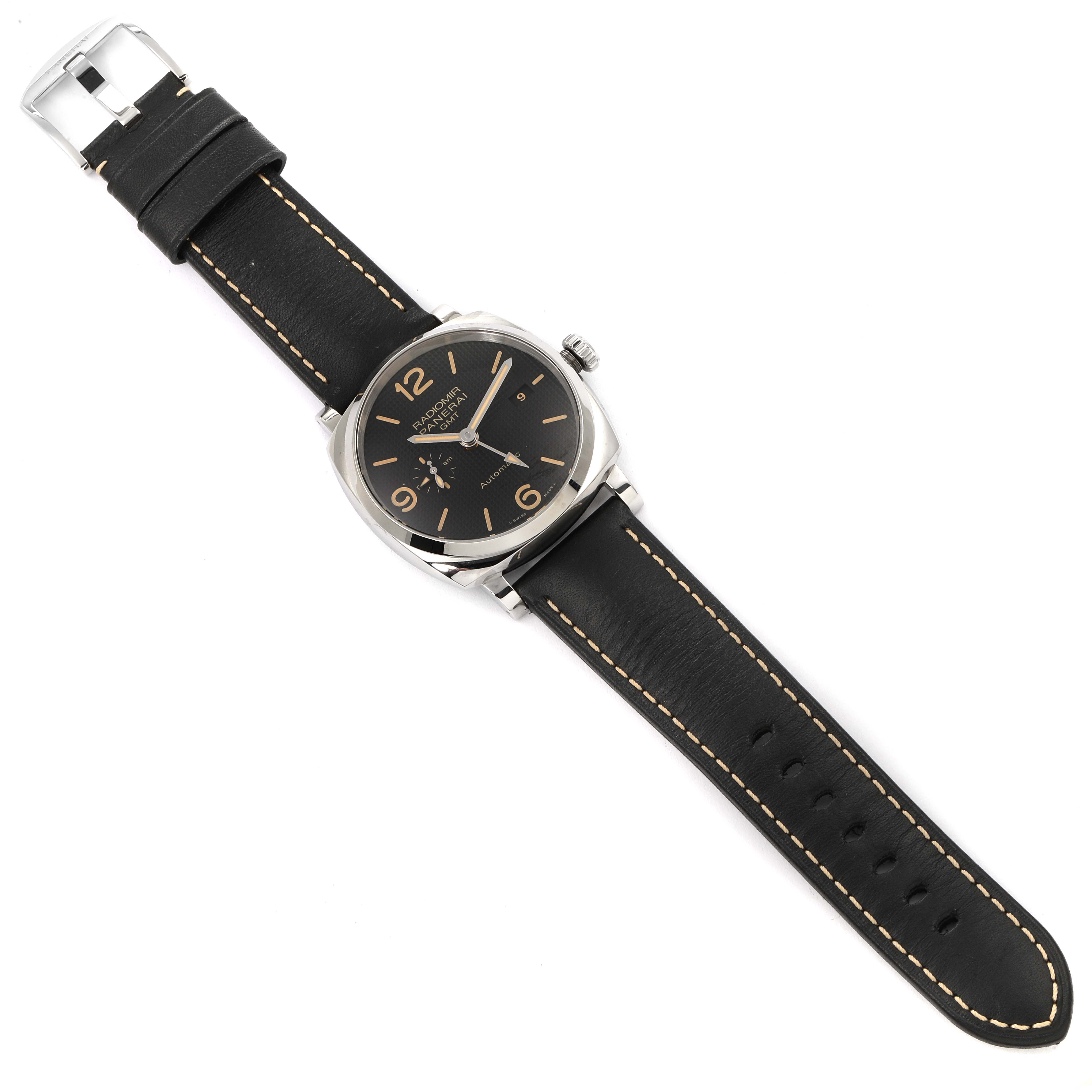 The Panerai Radiomir PAM00627 Men's Stainless Steel Black Dial PAM00627 Men's Stainless Steel Black Dial watch is shown from a top-down angle, displaying the face and the entire leather strap.