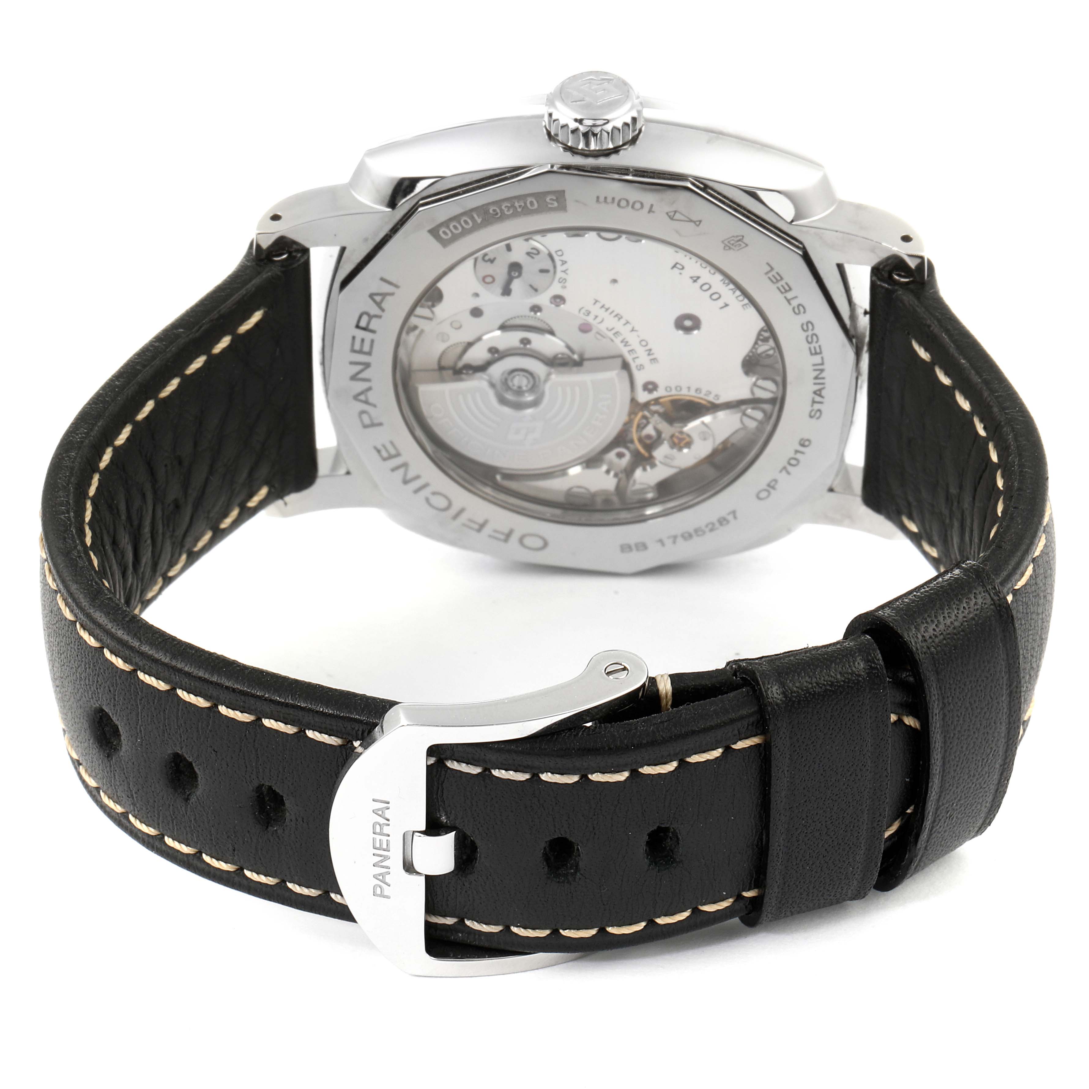 This image shows the back view of a Panerai Radiomir PAM00627 Men's Stainless Steel Black Dial PAM00627 Men's Stainless Steel Black Dial watch, revealing its transparent case back and leather strap with buckle.