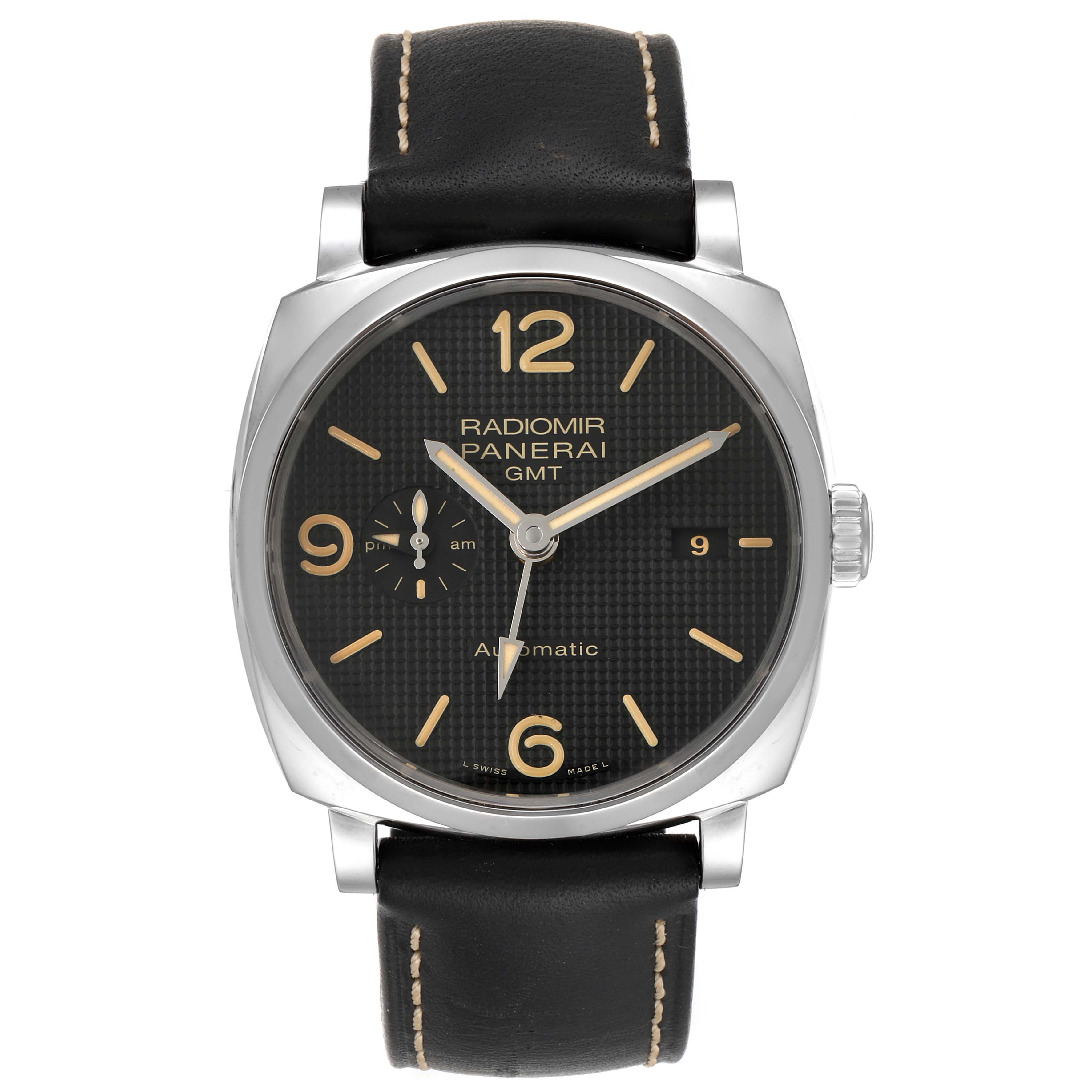The image shows a front view of the Panerai Radiomir PAM00627 Men's Stainless Steel Black Dial PAM00627 Men's Stainless Steel Black Dial GMT Automatic watch, displaying its dial, hands, and leather strap.