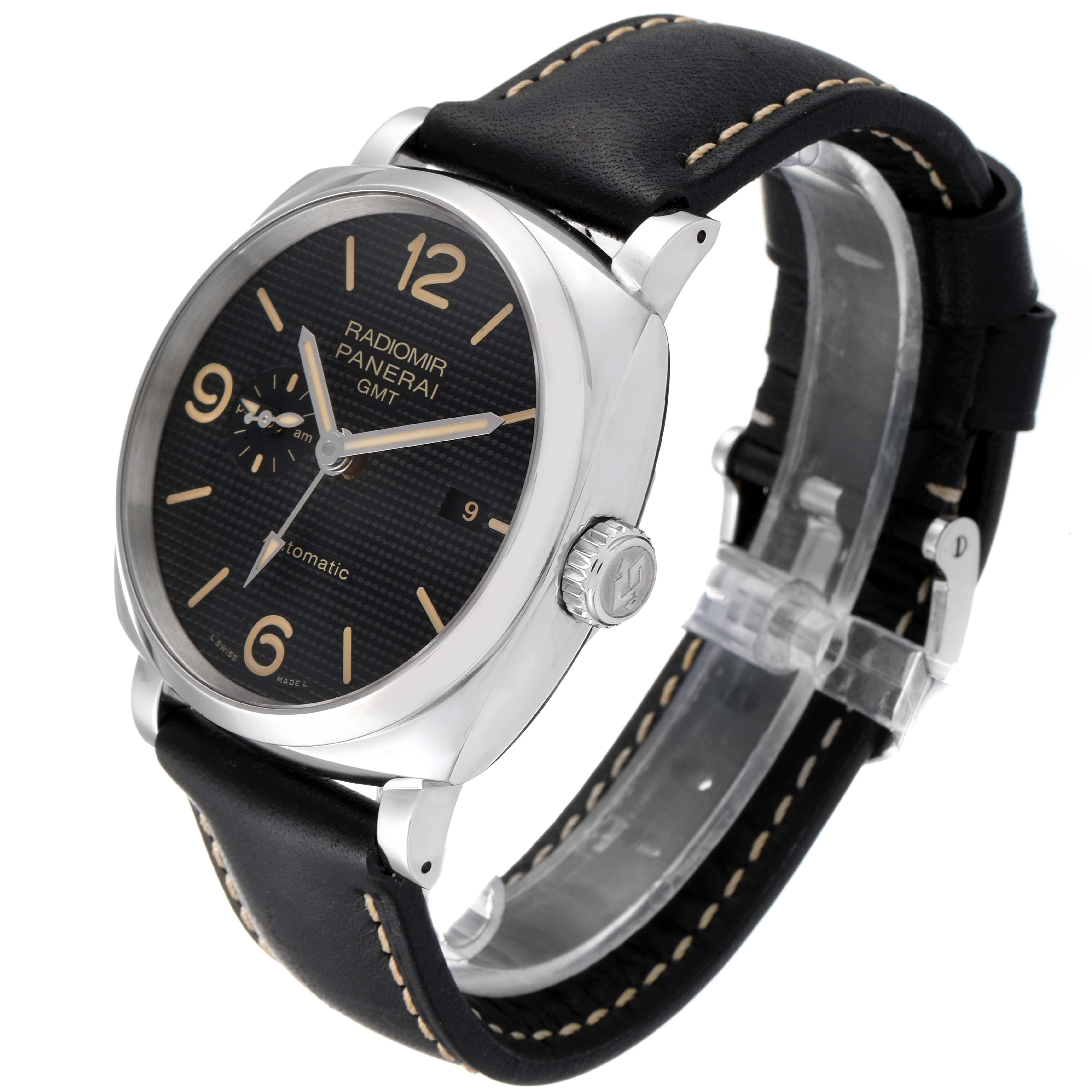This image shows a Panerai Radiomir PAM00627 Men's Stainless Steel Black Dial PAM00627 Men's Stainless Steel Black Dial watch from a three-quarter angle, highlighting the face, strap, and crown.