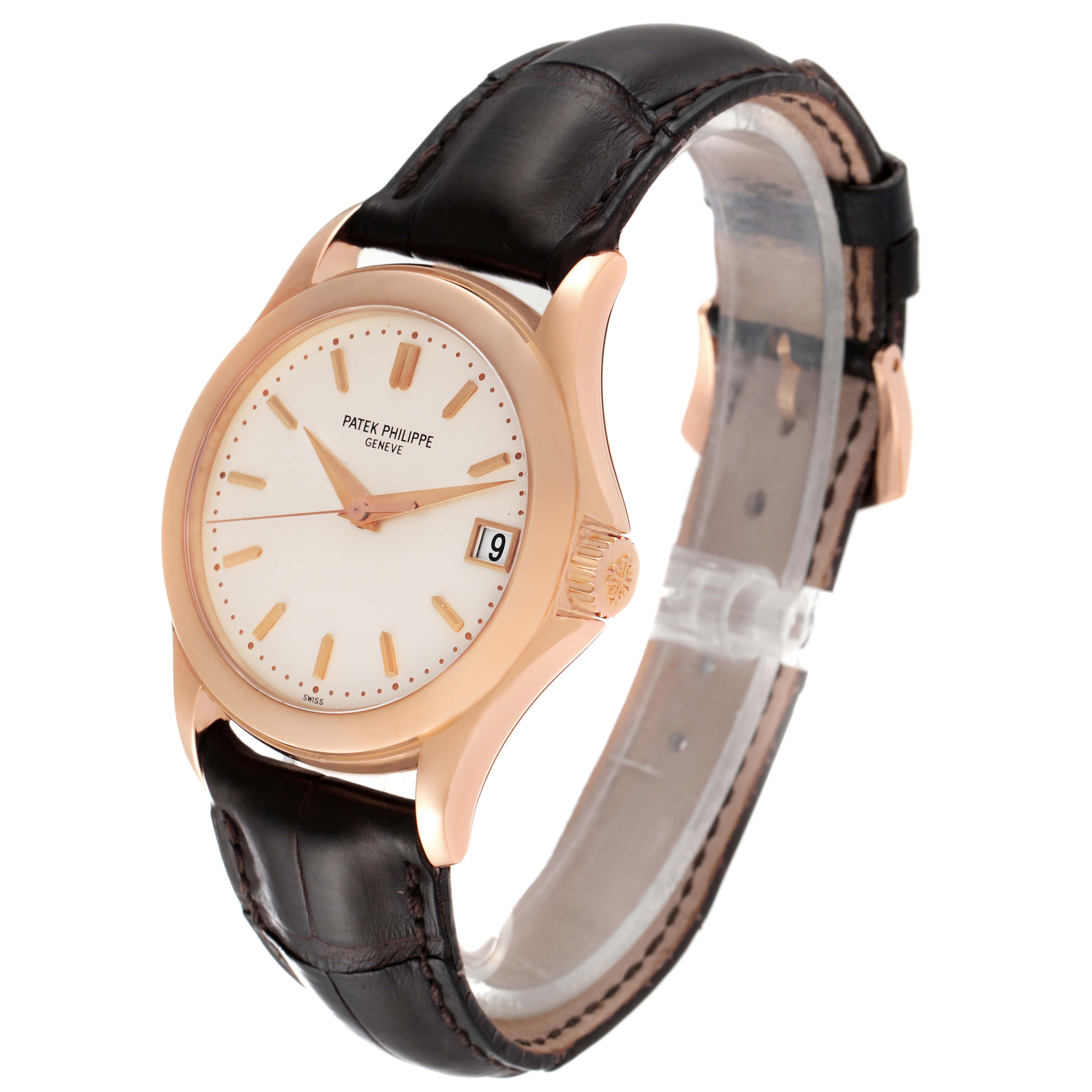 This image shows a Patek Philippe Calatrava 5107R-001 Men
s Rose Gold Silver Dial 5107R-001 Men
s Rose Gold Silver Dial watch at a three-quarter front angle, highlighting the dial, case, and leather strap.