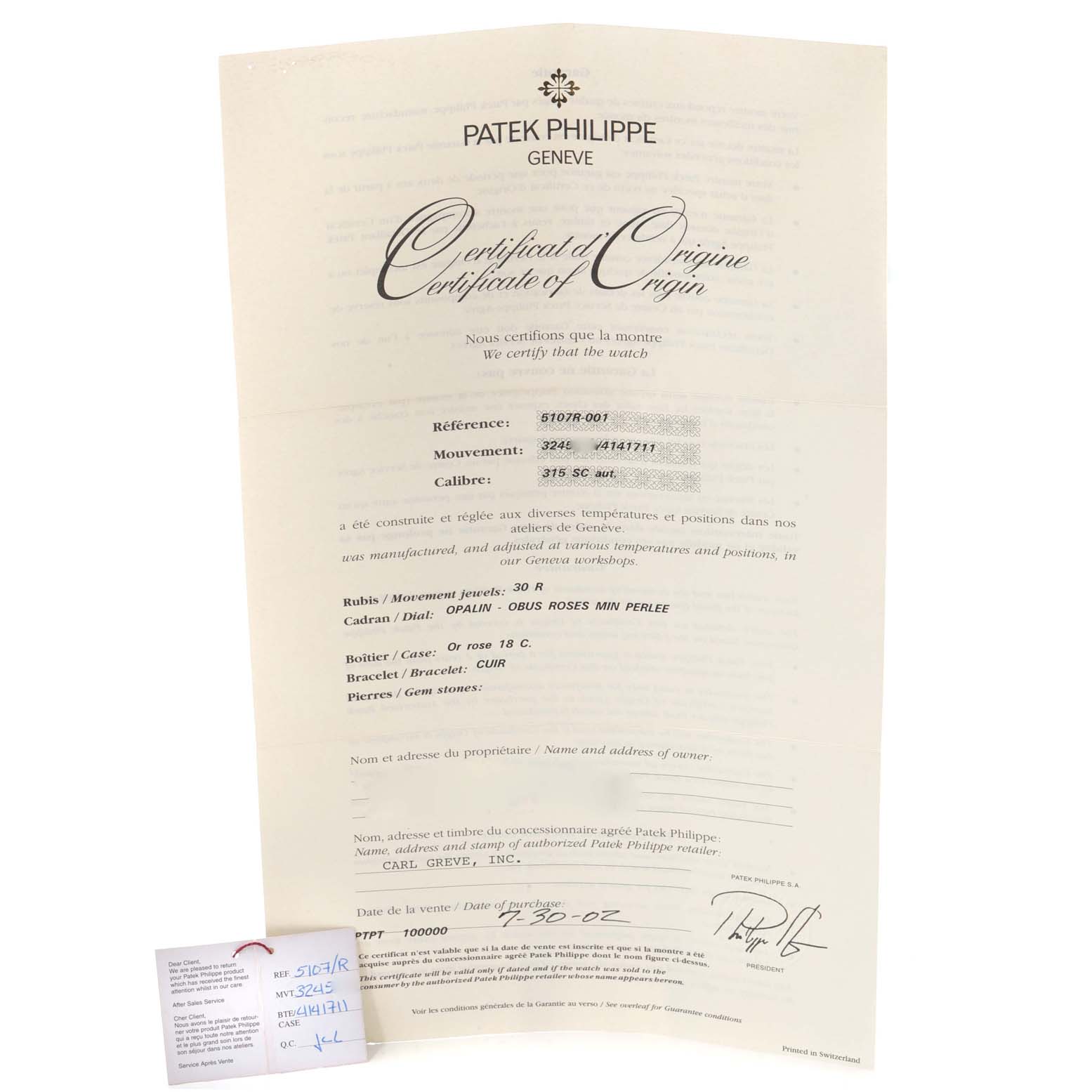 This image shows the Certificate of Origin for a Patek Philippe Calatrava 5107R-001 Men
s Rose Gold Silver Dial 5107R-001 Men
s Rose Gold Silver Dial watch, displaying detailed specifications and signatures.