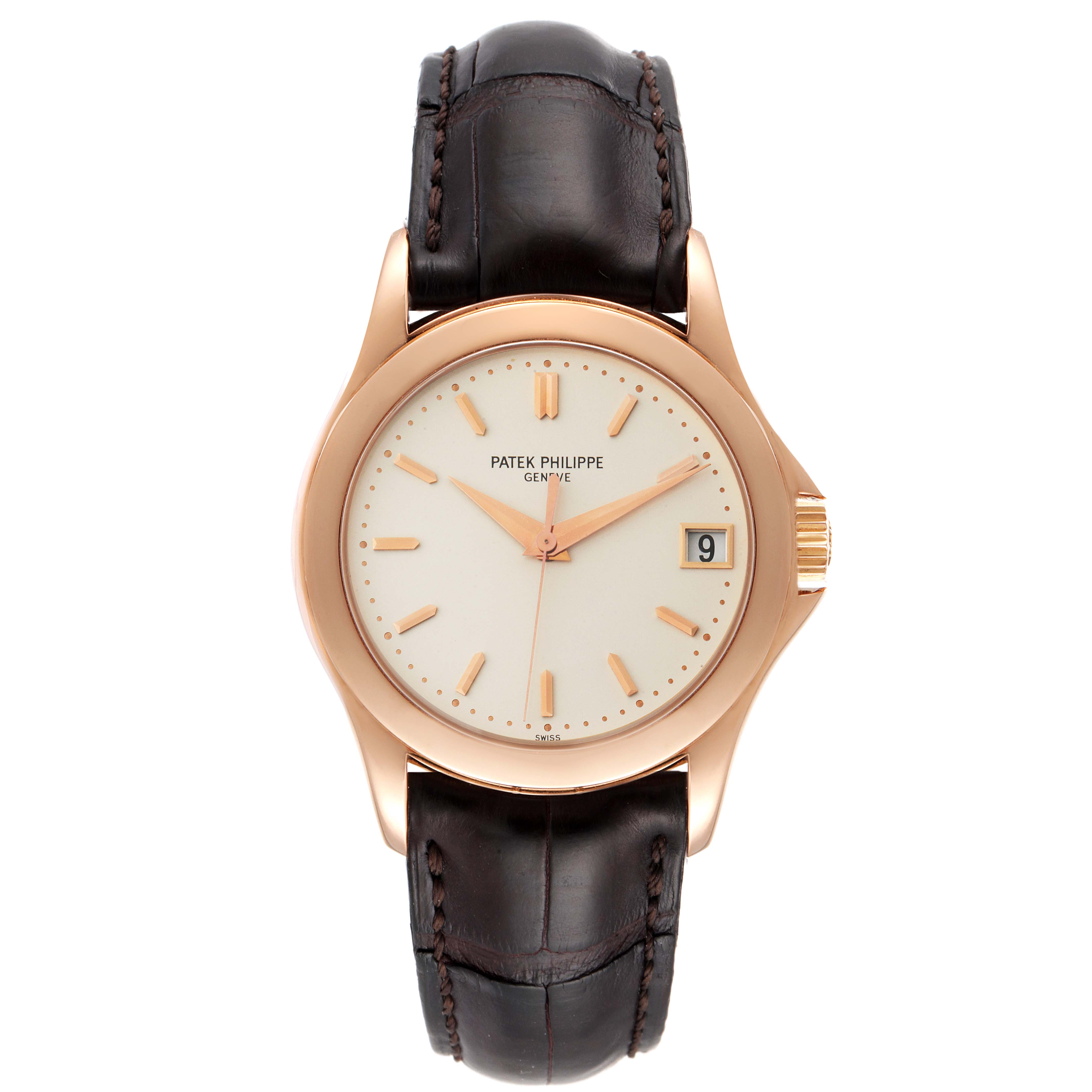 The image shows a front view of a Patek Philippe Calatrava 5107R-001 Men
s Rose Gold Silver Dial 5107R-001 Men
s Rose Gold Silver Dial watch, highlighting its face, dial, and leather strap.
