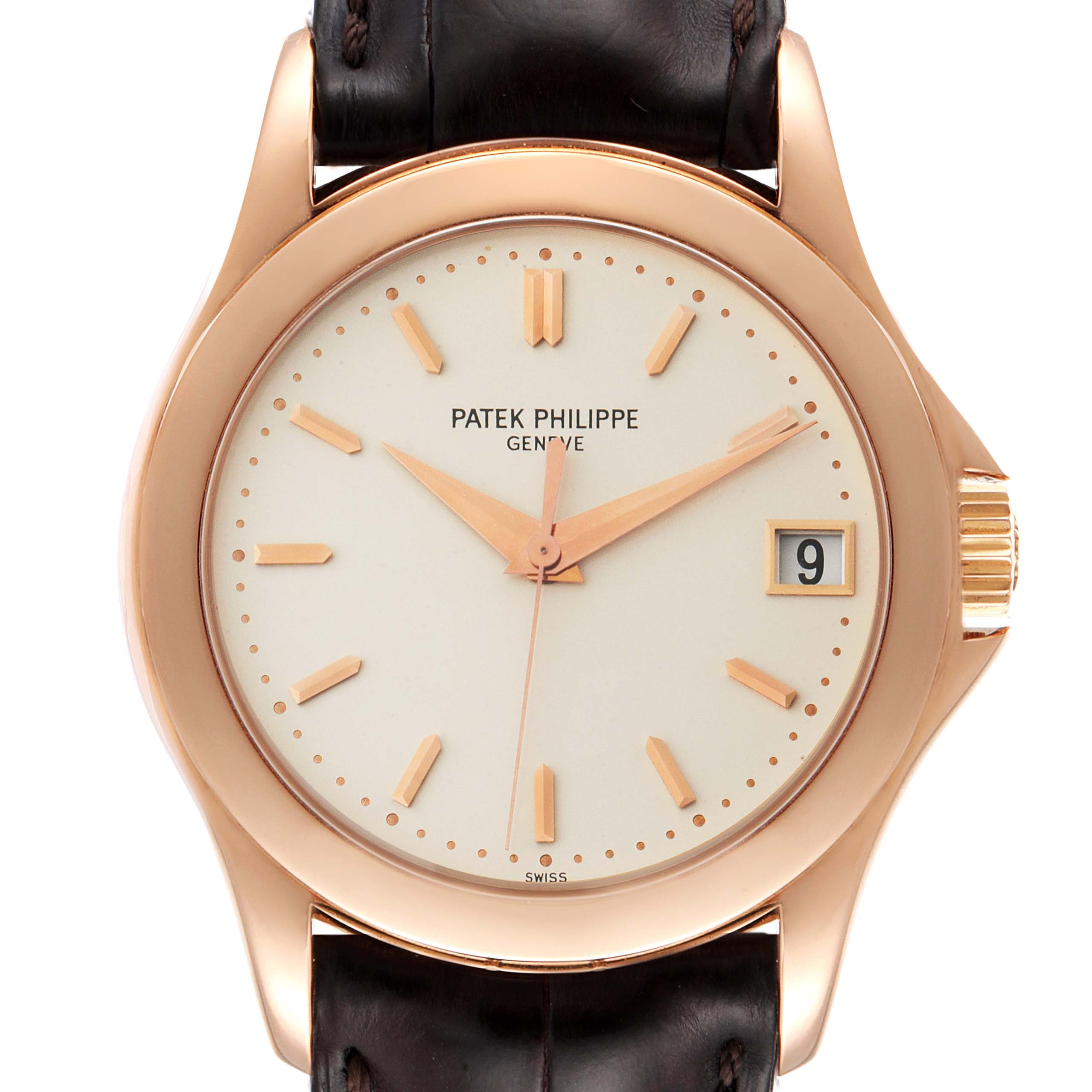 This image shows a front view of the Patek Philippe Calatrava 5107R-001 Men
s Rose Gold Silver Dial 5107R-001 Men
s Rose Gold Silver Dial watch, highlighting the dial, hands, and date window.