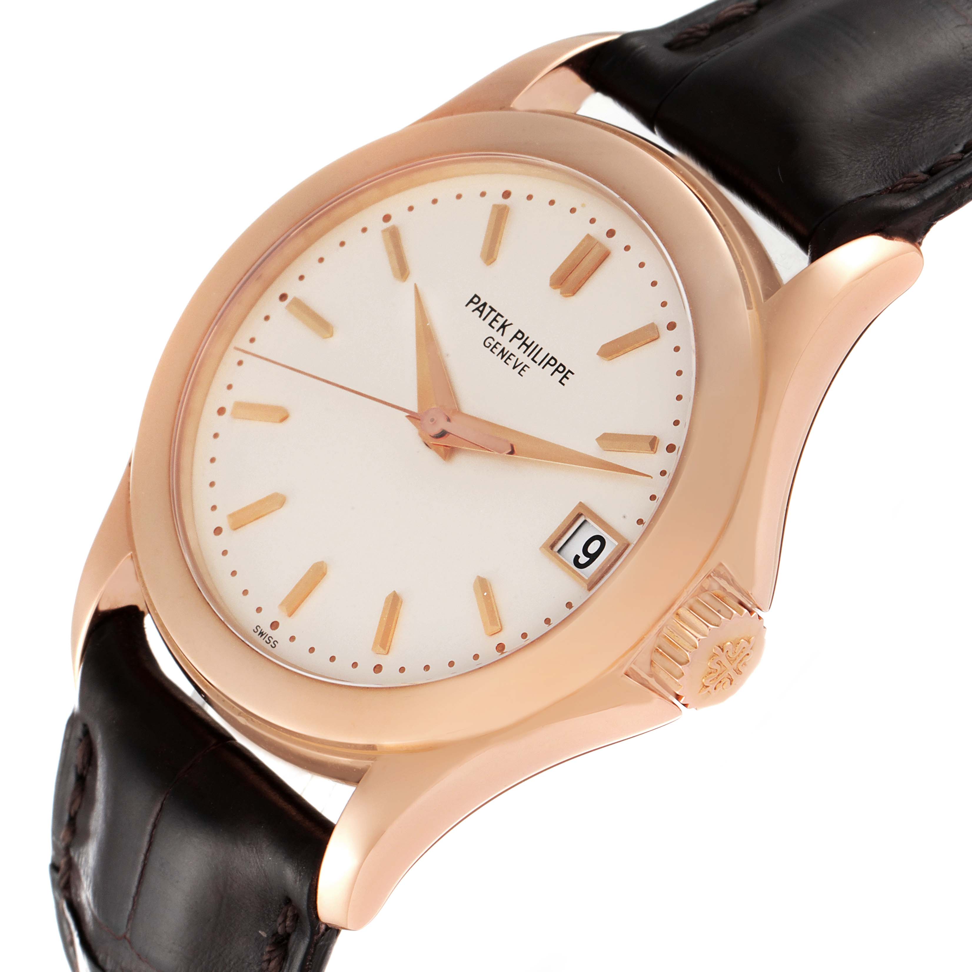 This is a Patek Philippe Calatrava 5107R-001 Men
s Rose Gold Silver Dial 5107R-001 Men
s Rose Gold Silver Dial watch seen from an angled view, showcasing the face, dial, crown, and leather strap.