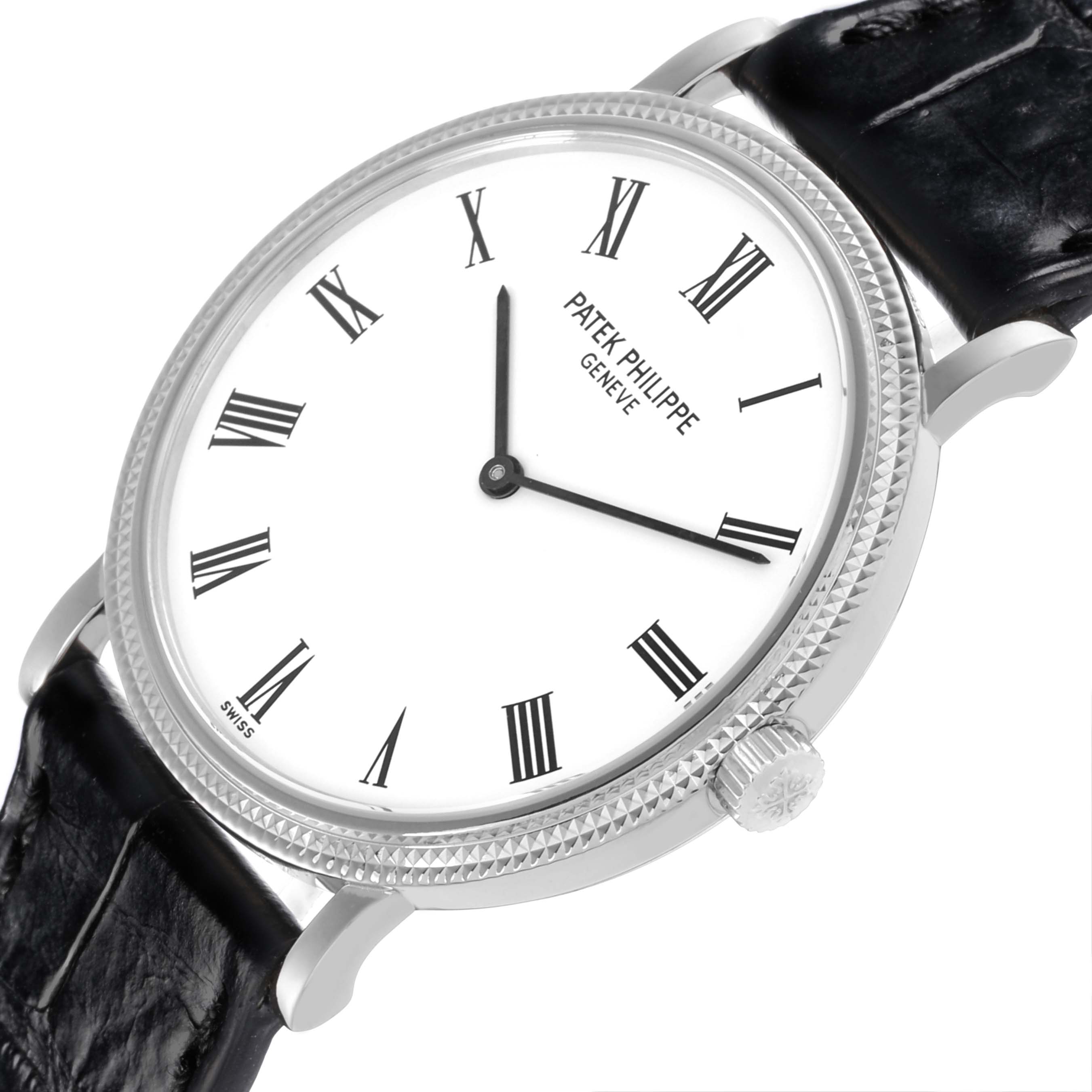 The Patek Philippe Calatrava 5120G Men's White Gold White Dial 5120G Men's White Gold White Dial watch is shown at an angled view, highlighting the face, bezel, crown, and part of the strap.