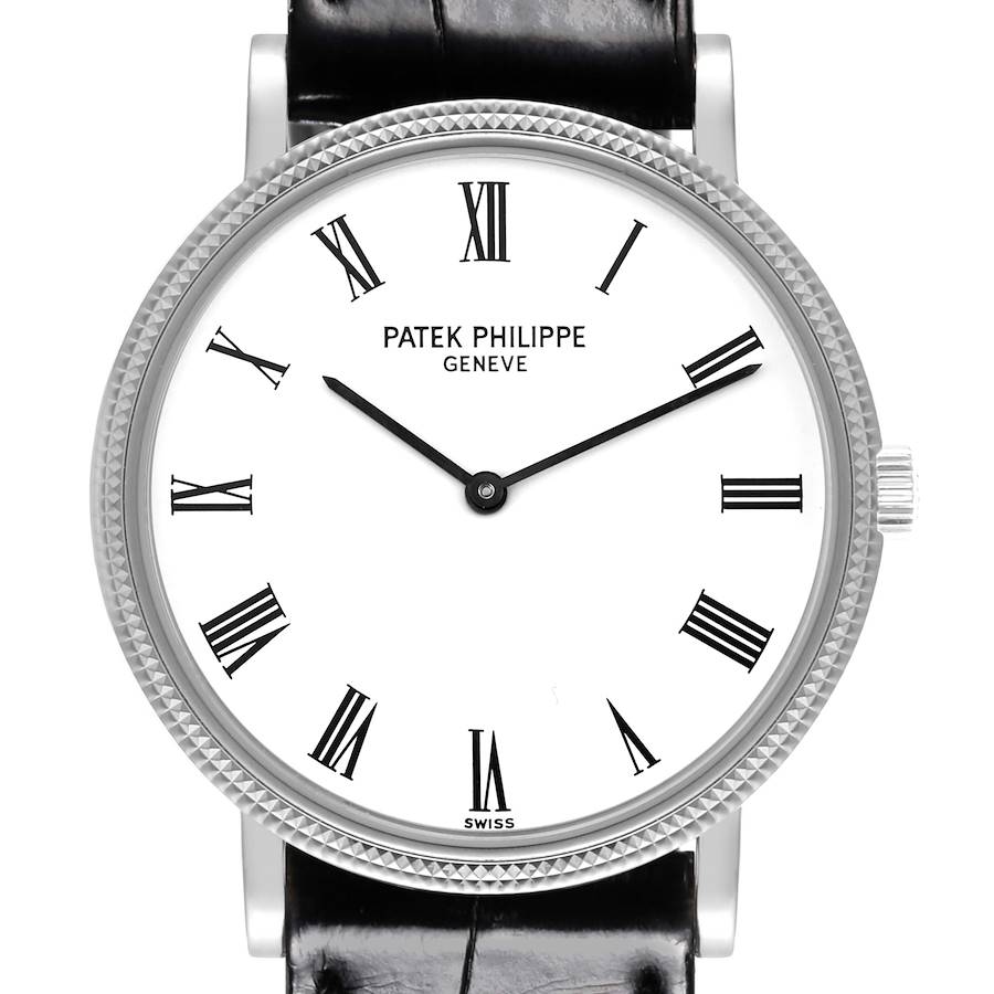 This Patek Philippe Calatrava watch is shown from a front angle, highlighting the dial, Roman numerals, and crown.