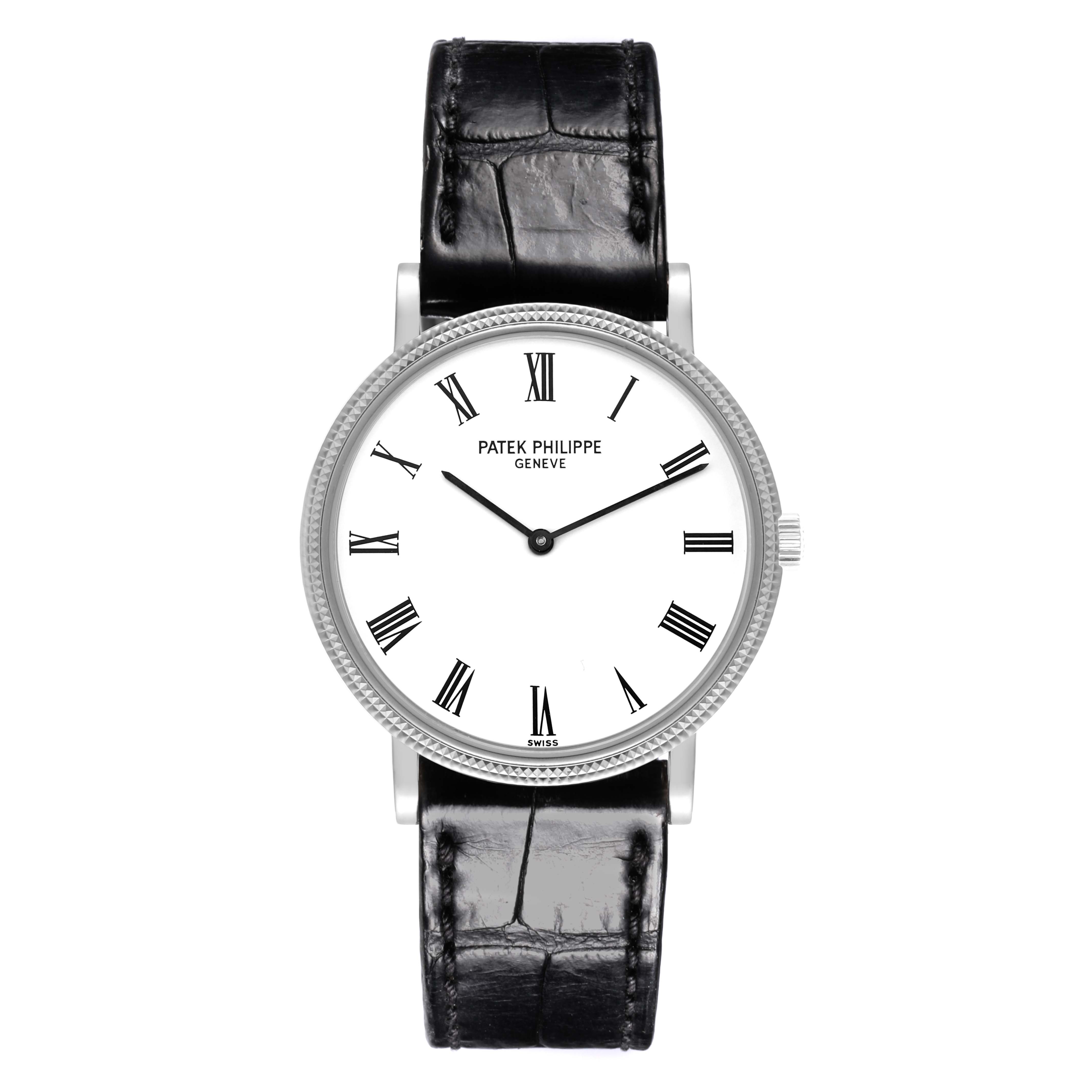 The Patek Philippe Calatrava 5120G Men's White Gold White Dial 5120G Men's White Gold White Dial watch is shown from a top-down angle, displaying the face, bezel, lugs, and leather strap.