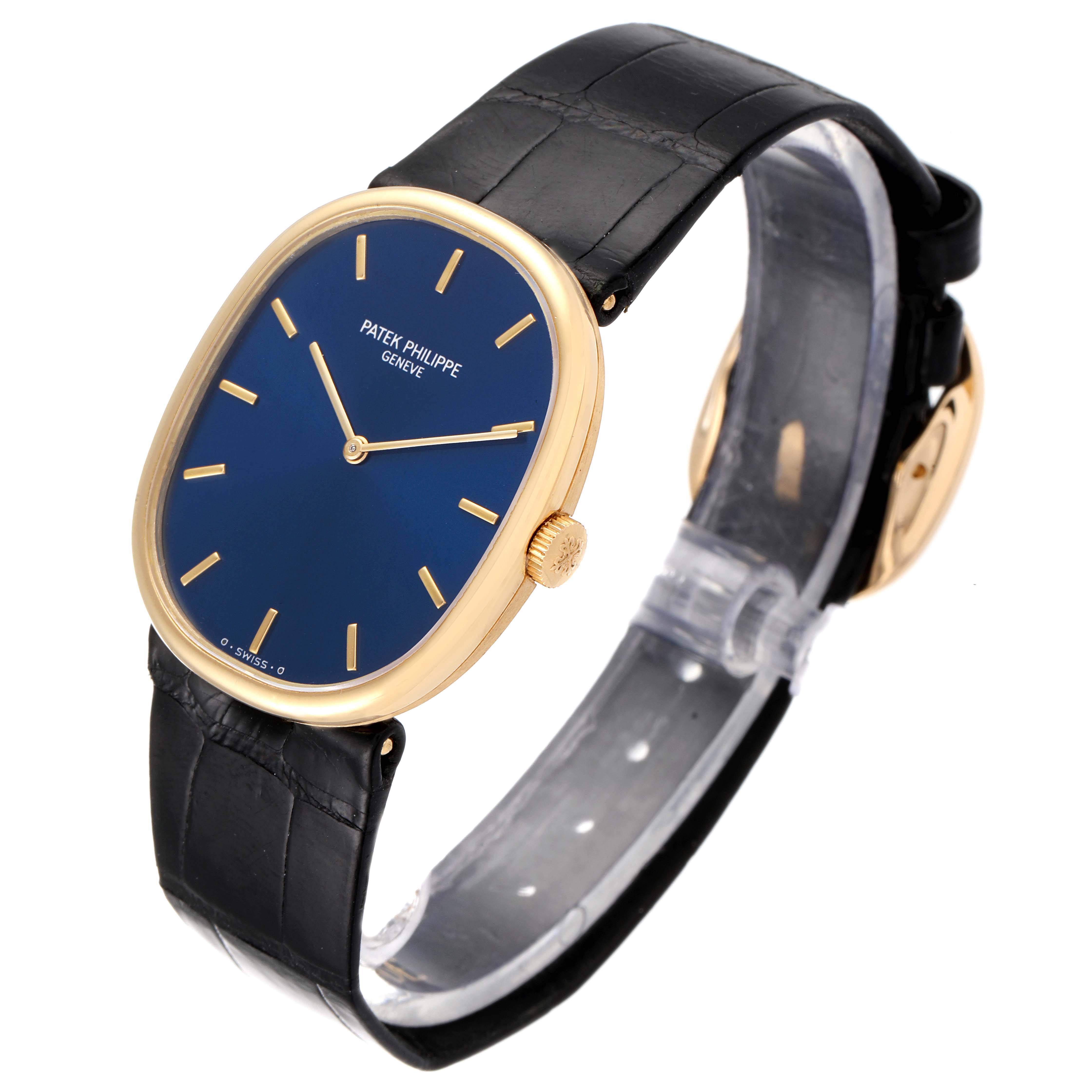The image shows a Patek Philippe Golden Ellipse 3848 Men's Yellow Gold Blue Dial 3848 Men's Yellow Gold Blue Dial watch featuring a blue dial, gold case, and black leather strap, displayed at a slight angle.