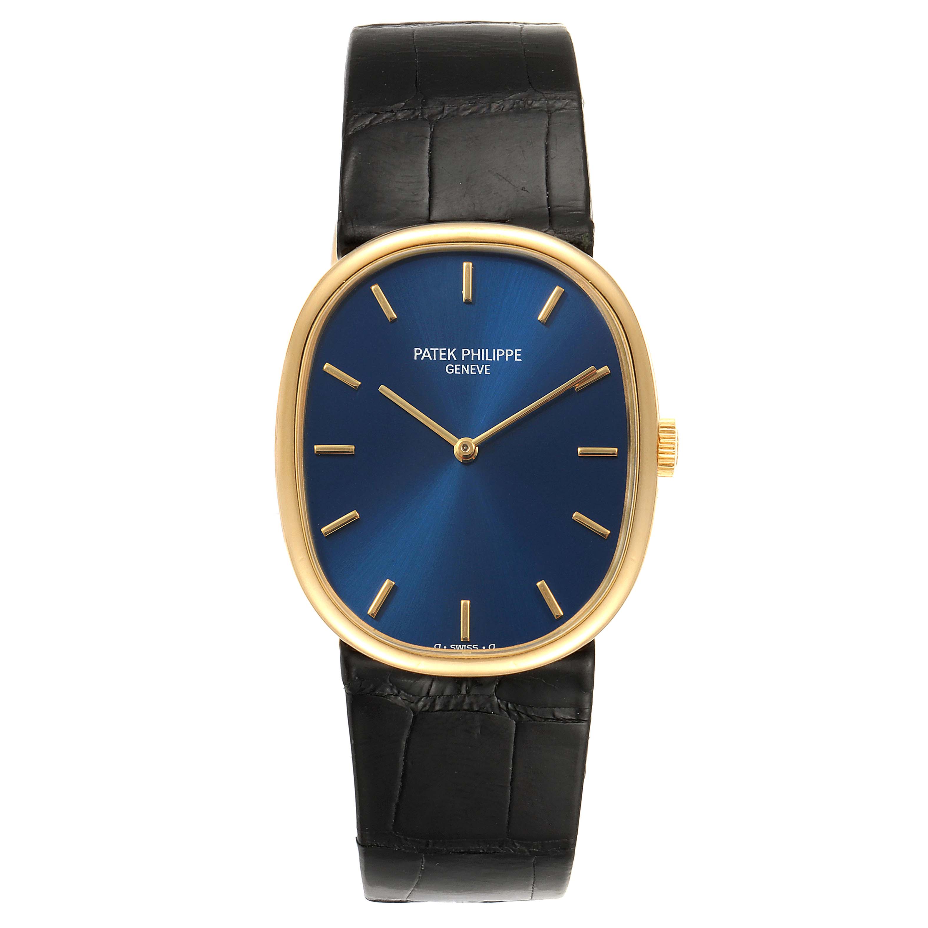 The image shows a front view of the Patek Philippe Golden Ellipse 3848 Men's Yellow Gold Blue Dial 3848 Men's Yellow Gold Blue Dial watch, displaying its blue dial, gold indices, and black leather strap.